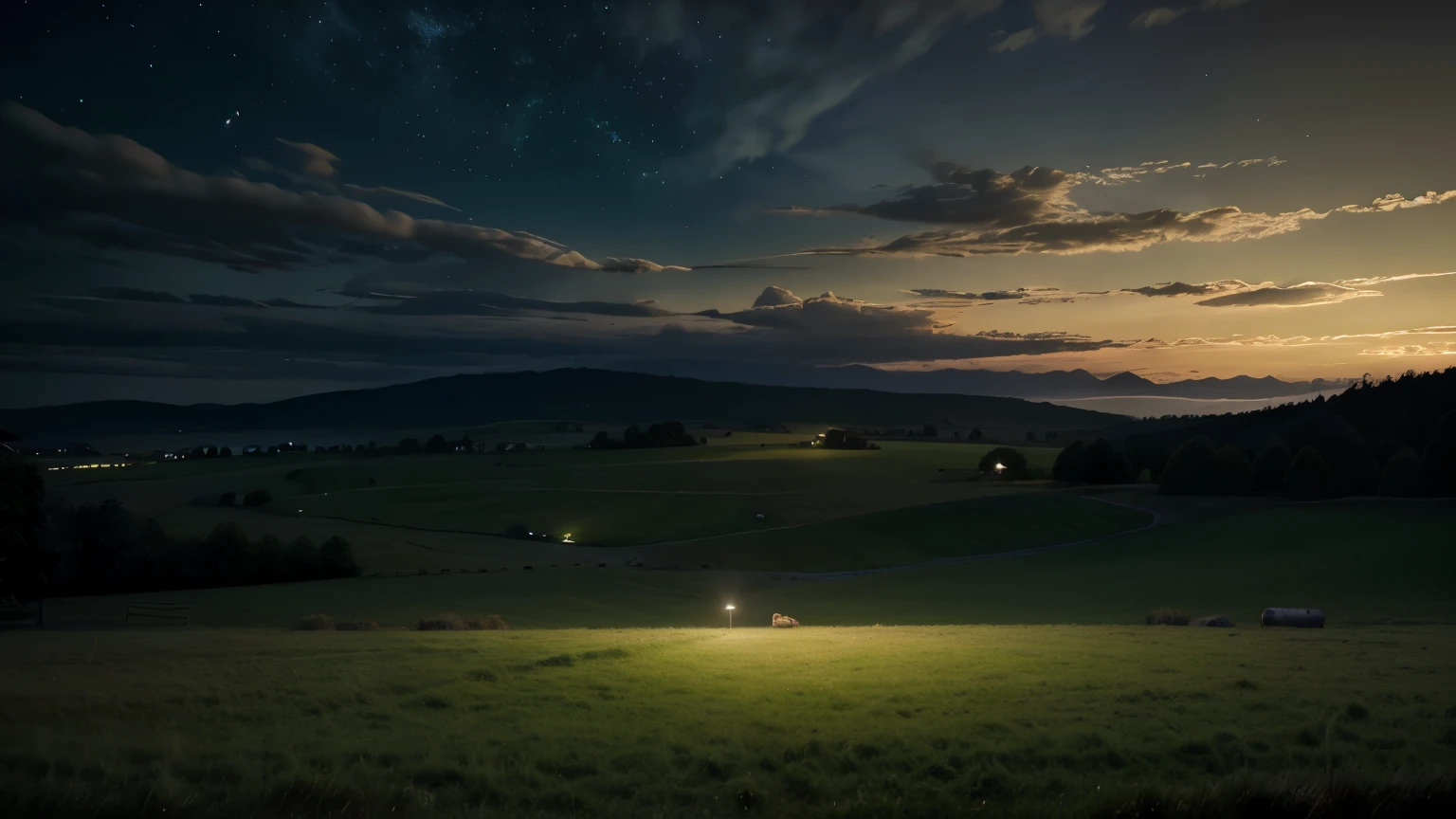 best quality, ultra high res, (photorealistis), green grass field, dark night sky, midnight, fresh cut grass, landscape, nothing but grass for miles
