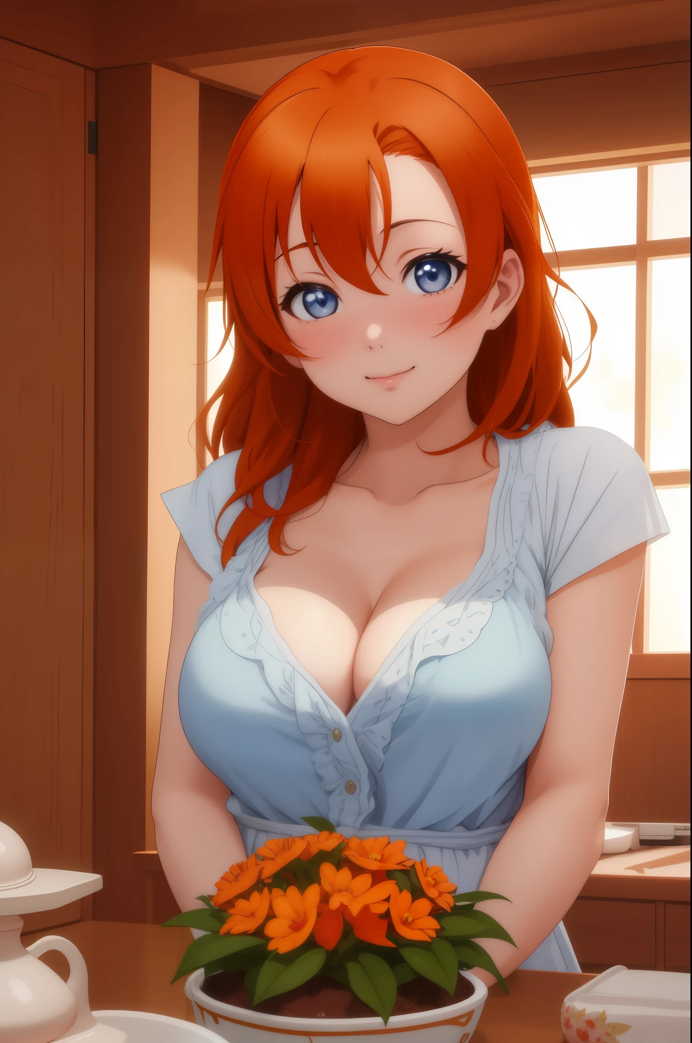 Masterpiece,best quality,Kousaka honoka, blue eyes, orange hair, looking_at_viewer, upper body, cozy top, cleavage , perfect shadow, beautiful,cozy