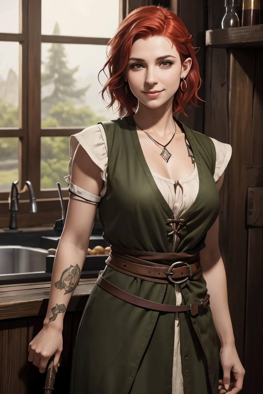 medieval, realistic, 25 years female, clear skin, (red hair, short hair, slight waves hair, shaved hair on the sides), earrings, medium breasts, (brown eyes, thin eyebrows, smiley expression, big nose, full mouth, blush), tattoo on arms, ranger, (tavern keeper clothes, brown and white vest), rpg character, lord of the rings style, dungeons and dragons style, waist and head image
