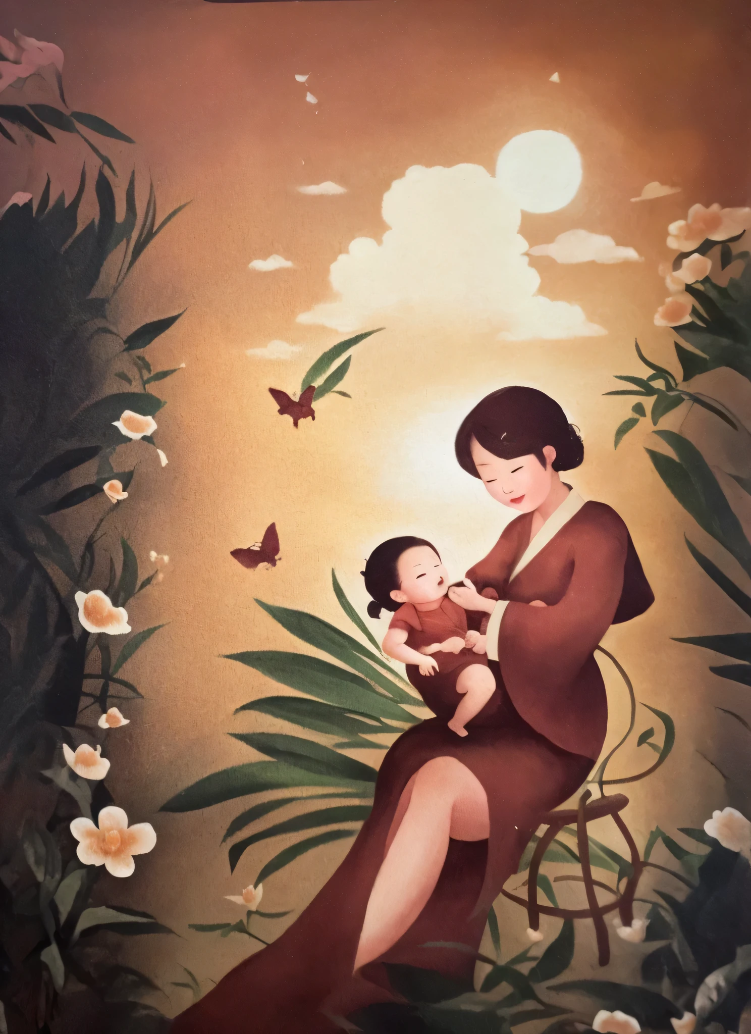 painting of a woman holding a baby in a garden with flowers, by Ruth Jên, by Mei Qing, by Ni Duan, by Yang J, by Qu Leilei, by Li Song, by Li Tiefu, by Jin Nong, by Leng Mei, a beautiful artwork illustration, inspired by Tosa Mitsuoki, by Ni Zan