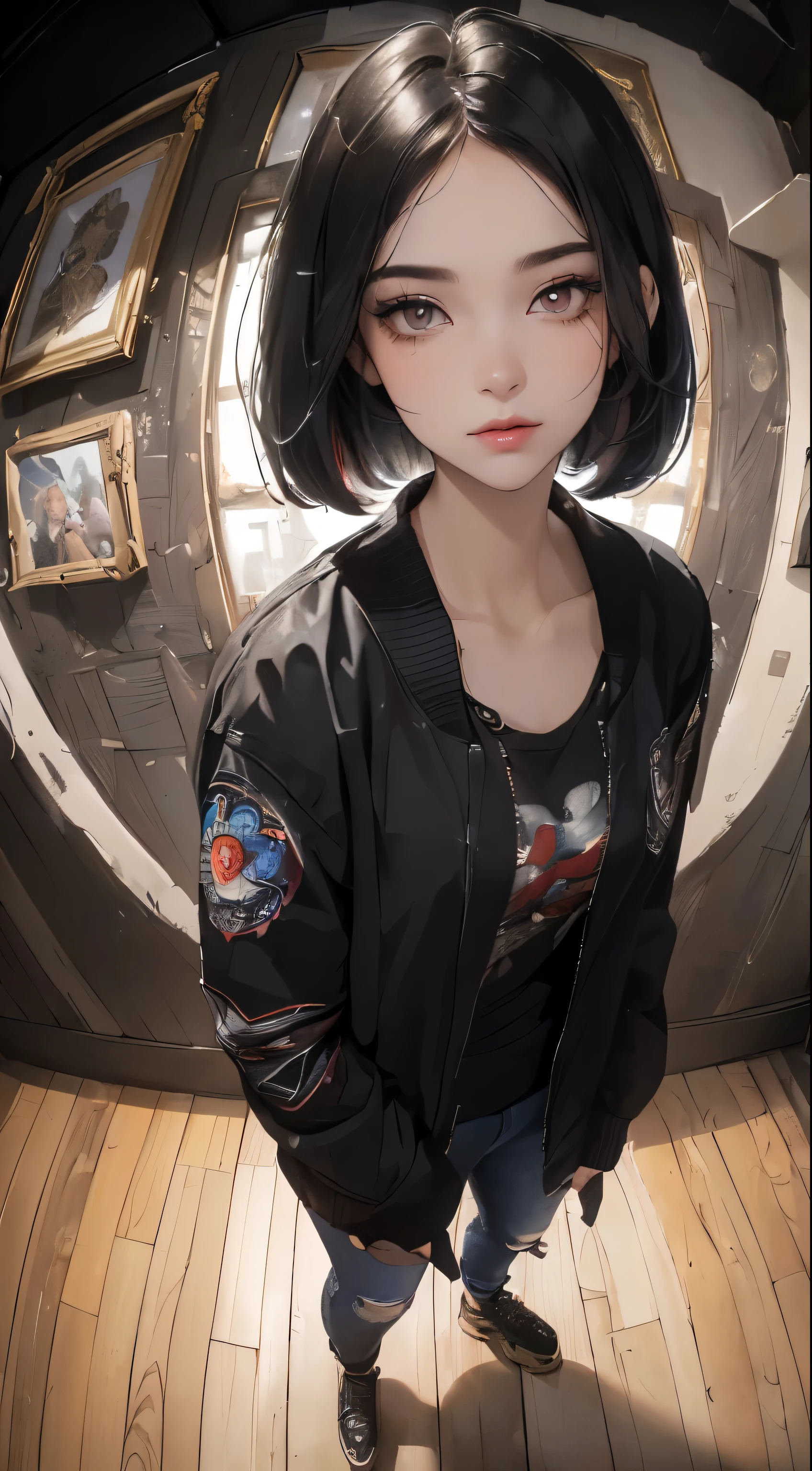 (((Extremely detailed CG unit 8k wallpaper:1.2, Masterpiece, high resolution:1.2, top quality:1.2, on the table))), ((a very beautiful woman, Standing with hands in jacket pockets:1.8, grunge fashion:1.2, Dressed in a tunic, wearing skinny jeans, wear shoes)), ((The facial details are particularly rich, extremely beautiful face, Highly detailed dark eyes:1.2, Extra detailed body, High quality real texture skin)), (A black-haired one, bob cuts, White skin, small), ((Surrounded by colorful walls)), (high angle, Fisheye:1.3), surreal, digital painting,