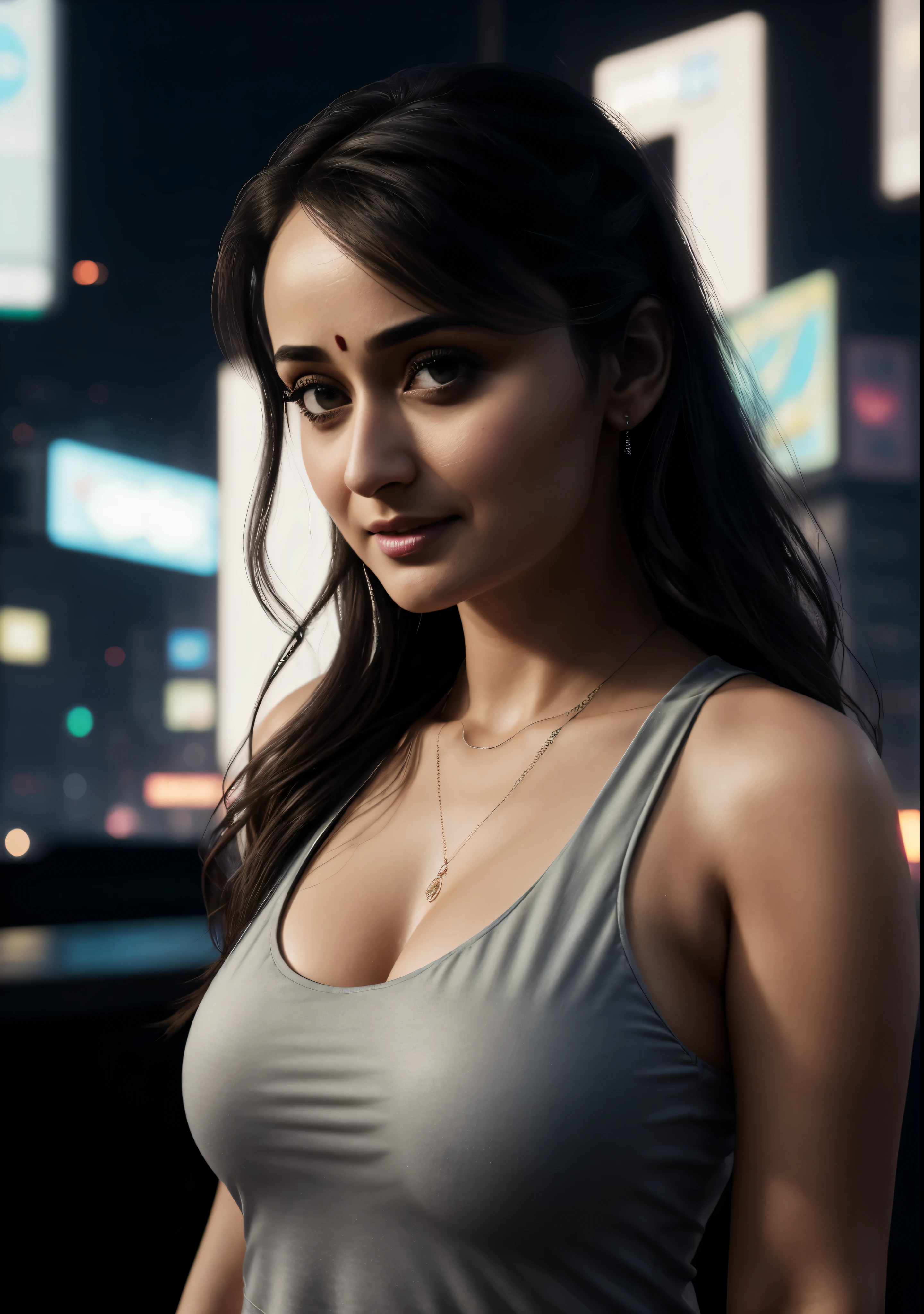 Looks like Tridha Chaudhary, arafed woman in a tank top standing in front of a city at night, cyberpunk beautiful girl, cyberpunk 2 0 y. o model girl, dreamy cyberpunk girl, beautiful cyberpunk girl face, cyberpunk art ultrarealistic 8k, the cyberpunk girl portrait, realistic face moody lighting, 8 k sensual lighting, beautiful soft lighting, soft portrait shot 8 k, beautiful cyberpunk woman model