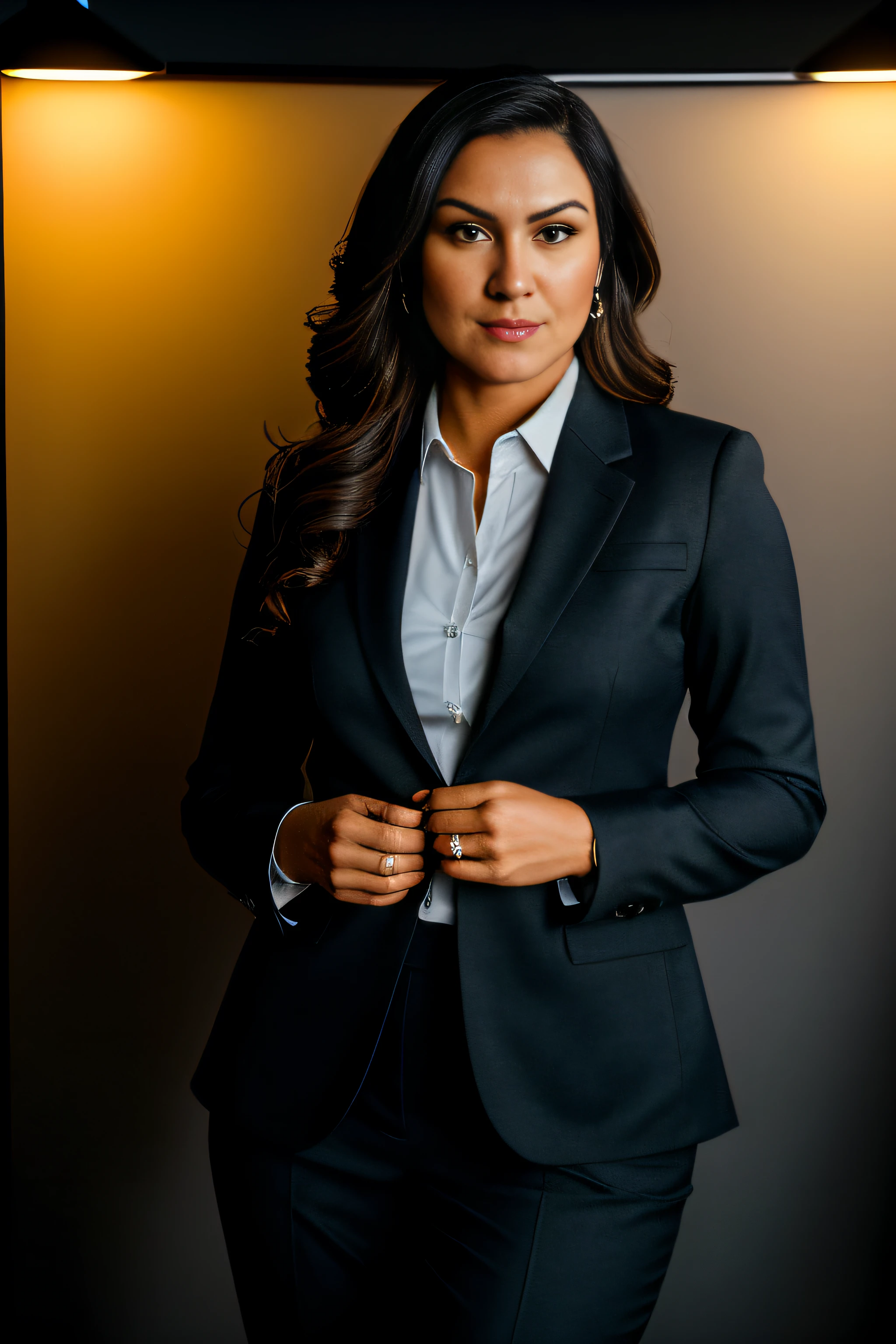 um retrato de uma mulher em um terno feminino, secretary, Business suit, beautiful portrait lighting, posing in dramatic lighting, high contrast studio lighting, pele natural, 8k hd, alta qualidade, cinematic grain, Fujifilm XT3