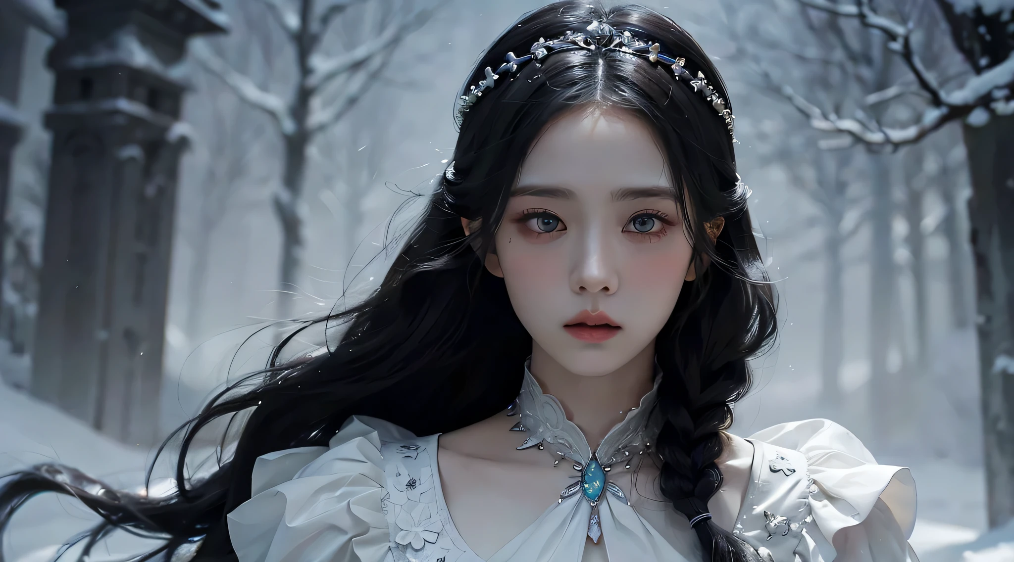 (best quality, highres:1.2), realistic, white dress, black hair, light theme, snow background, snow princess, intense gaze, elegant posture, flowing dress, detailed facial features, long eyelashes, contrast, fine details, dramatic atmosphere, gothic style, intense emotions, monochrome color palette, captivating setting, haunting beauty, artistic photography, everything is white