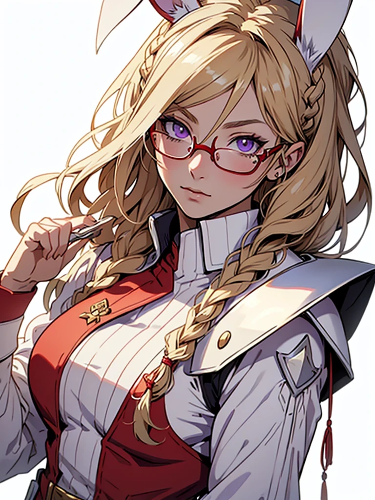medieval anime art, masterpiece, best quality, by professional artist, female, solo, upper body portrait, detailed composition, detailed eyes, detailed hair, (((white background))), (((no background))), braided dark blonde hair, purple eyes, white bunny ears, wearing red mage armor, glasses