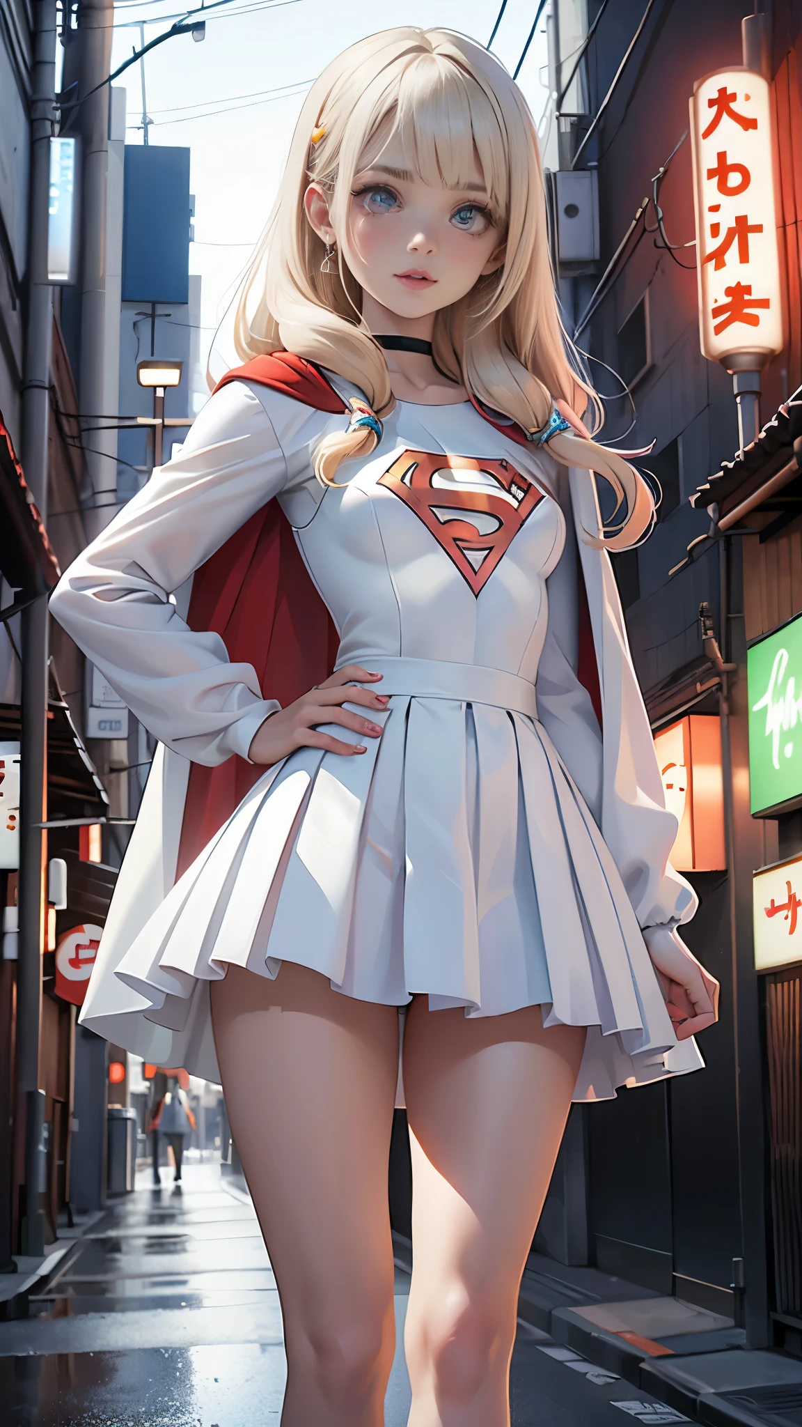 masterpiece, exquisite, {Girl hermosa y meticulosa}, Supergirl, 1_Girl, Beck, la Girl blanca de 18 años, She has dirty blonde hair, blue eyes, and noticeably pale skin, surprised face, shy smile . she has such a fair complexion, long blonde hair, long bangs in front, the ends are at the level of your eyebrows. She has a slim figure with smaller breasts and narrow hips..... Wearing a BREAK Supergirl suit. Includes a white transparent blouse (marked nipples), She also wears a short, white pleated skirt., Wear gloves, ROMPER high boots in plain white... (that lace on the front). He also wears thick white socks that reach below his calves..... upper body portrait, buttock in the air, without underwear, without pants, marked nipples,(the wind lifts the skirt), neckline, dynamic, ultra high definition, 32K, (perfect anatomy:1.5), perfect legs, in the style of Artgerm and Adam Hughes, perfect arms, without underwear, Without trousers, upskirt, you can see a little of her vagina, blonde pubic hair, The skirt flutters in the wind、no panties、Wind Lifting Skirt, Outdoor location, (clouds, city, impressive view), flying in the air, sexy, big , no panties, Without trousers, standing, showing the tail, wet vagina, very visible anus, Views from below