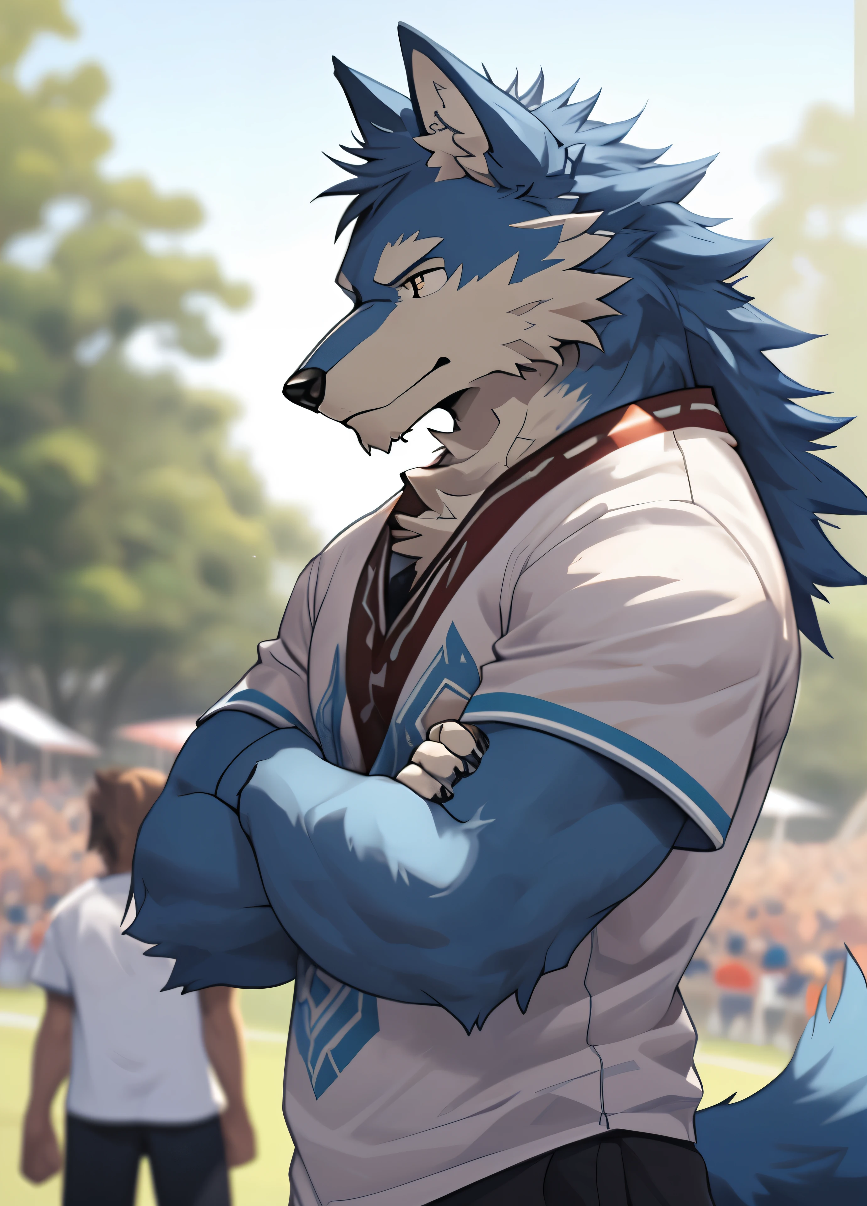 a scene in, depth of field, motion blur, Ridiculous, looking at the audience, (best quality), (masterpiece), (super detailed), sharp focus, Genji, Eye, Eye, hairy, alone, Light blue fur, blue fur, face up close, Profile picture, arms crossed, indifferent, human nature (Wolf), male, (Wolf), youth, casual wear, super detailed face,distracting