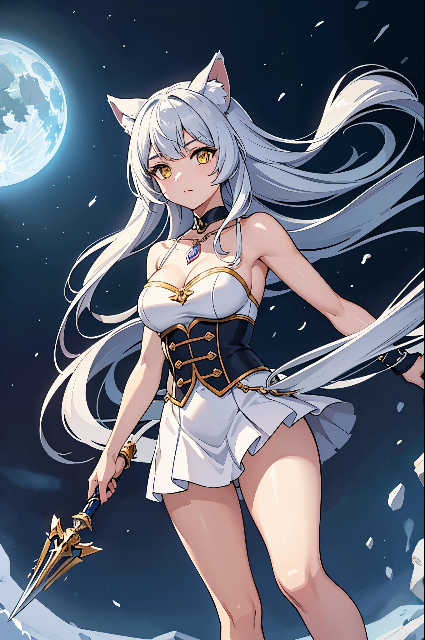 Luna is an anthropomorphic wolf with silver-gray fur and yellow eyes like the full moon.. Su pelaje es suave y espeso, providing warmth on the cold nights of the isekai world. Su mirada es penetrante y sabia, reflejando su conocimiento profundo de la naturaleza y el mundo que la rodea. Luna's figure is athletic and agile, with firm and well-defined muscles that reveal his skill in combat and hunting. Sus patas son fuertes y poderosas, capaces de correr largas distancias y saltar grandes alturas con facilidad. Her long, fluffy tail swings gracefully behind her as she moves. Luna's face is adorned with elegant and noble features, incluyendo orejas puntiagudas y un hocico alargado y afilado. Aunque puede parecer seria y reservada a primera vista, His soft, compassionate expression reveals his kind heart and his love for his pack.. Luna usually dresses in practical and functional clothes, designed to protect her in her adventures and battles. Lleva consigo una espada afilada y reluciente, que maneja con habilidad y destreza en el combate. She also wears a necklace with a moonstone embedded around her neck., a symbol of her connection to the spirit world and her role as guardian of her territory. tetas grandes