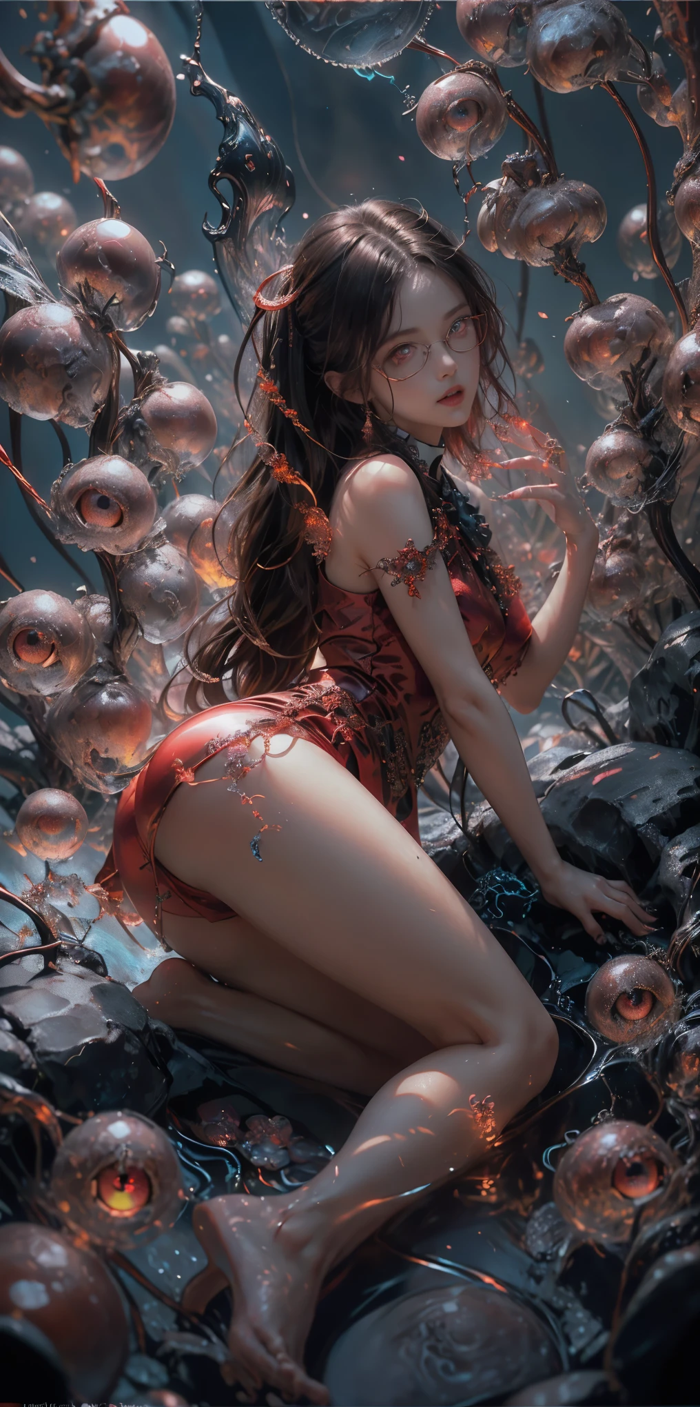 (The best illustrations)、realisitic、ultra-detailliert、The best lighting、Best Shadows、alluring succubus, ethereal beauty, perched on a cloud, (fantasy illustration:1.3), enchanting gaze, captivating pose, delicate wings, otherworldly charm, mystical sky, (Luis Royo:1.2), (Yoshitaka Amano:1.1), Dungeon and Dragon、caves、Dungeon、 A Necromancer、natta、Dark style、Succubus、Devil's Daughter、Bat Wings,(((Demon Hornlack-rimmed round glasses))))、(red eyes glowing:1.6)、beautiful countenance、Tindall Effect、(High Detail Skins:1.2) absurderes、Ponytail distortion、jewely、Beautiful expression、Toned waist、Wide buttocks、Tindall Effectmasuter piece、top-quality、Highest Standards、Top image quality、masutepiece、intricate detailes、High resolution、Depth Field、natural soft light、profetional lighting、Great smile、(High Detail Skin: 1.2)、photorealistic anime girl render、Strong highlights of the eyes、Perfect Anatomy、crotch open、Shy、Spreading your legs、Panties are visible、Skirt flipping、Body shiny with oilerectile nipple))、8K resolution、intricate clothing、Intricate details