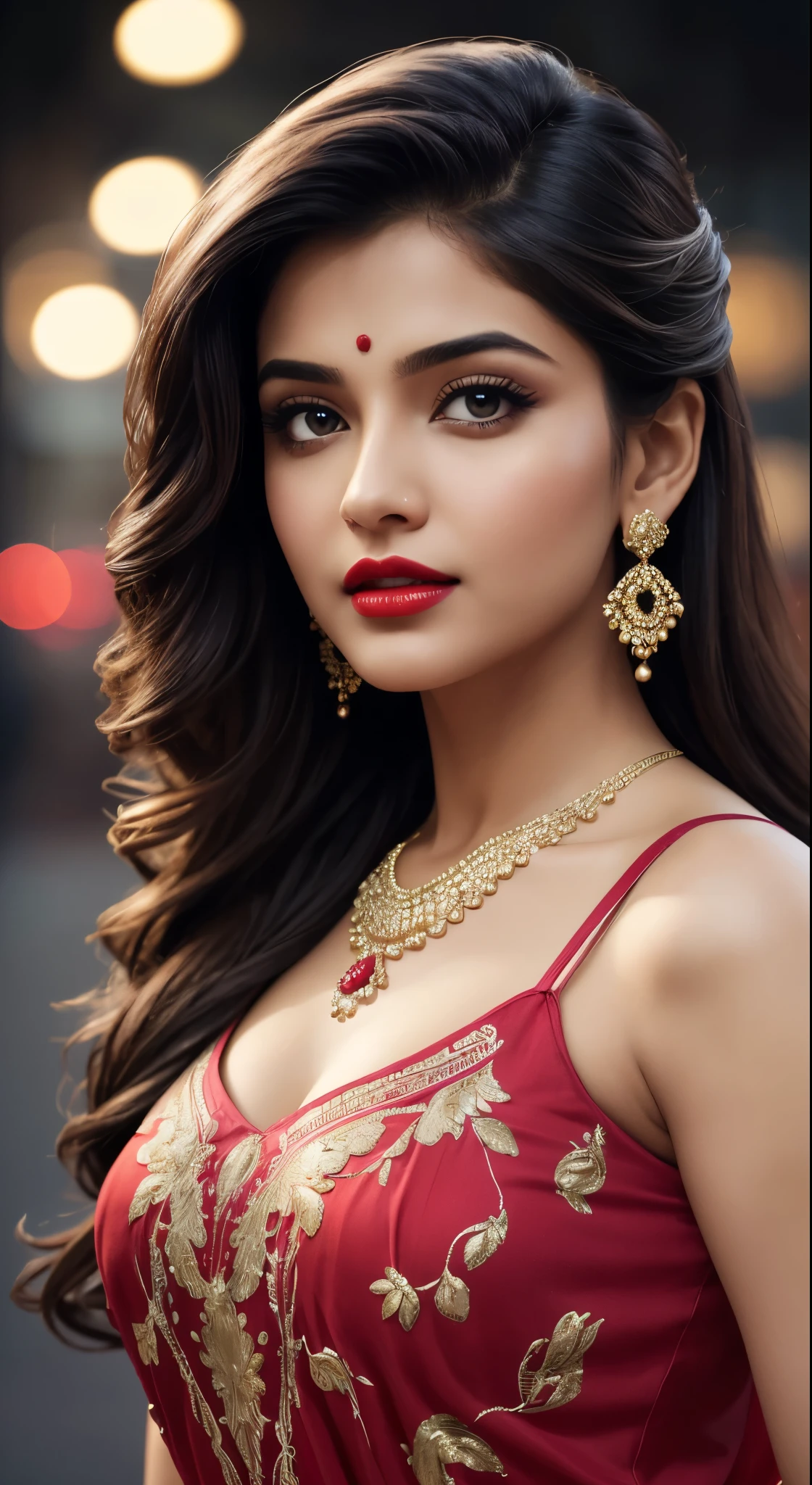 night bokeh effect background, perfect pink eyes, fantastic face, Indian, beautiful look, ((red lips, bright eyes, curve heir 1.5)), ((beautiful details body)), A glorious gorgeous bollywood actress, glorious gorgeous face, pretty face, bright eyes, detailed dress, updo elegant hair, blurred gray tones background, ultra focus, face ilumined, face detailed, 8k resolution, painted, dry brush, brush strokes, wearing t shirt & jeans