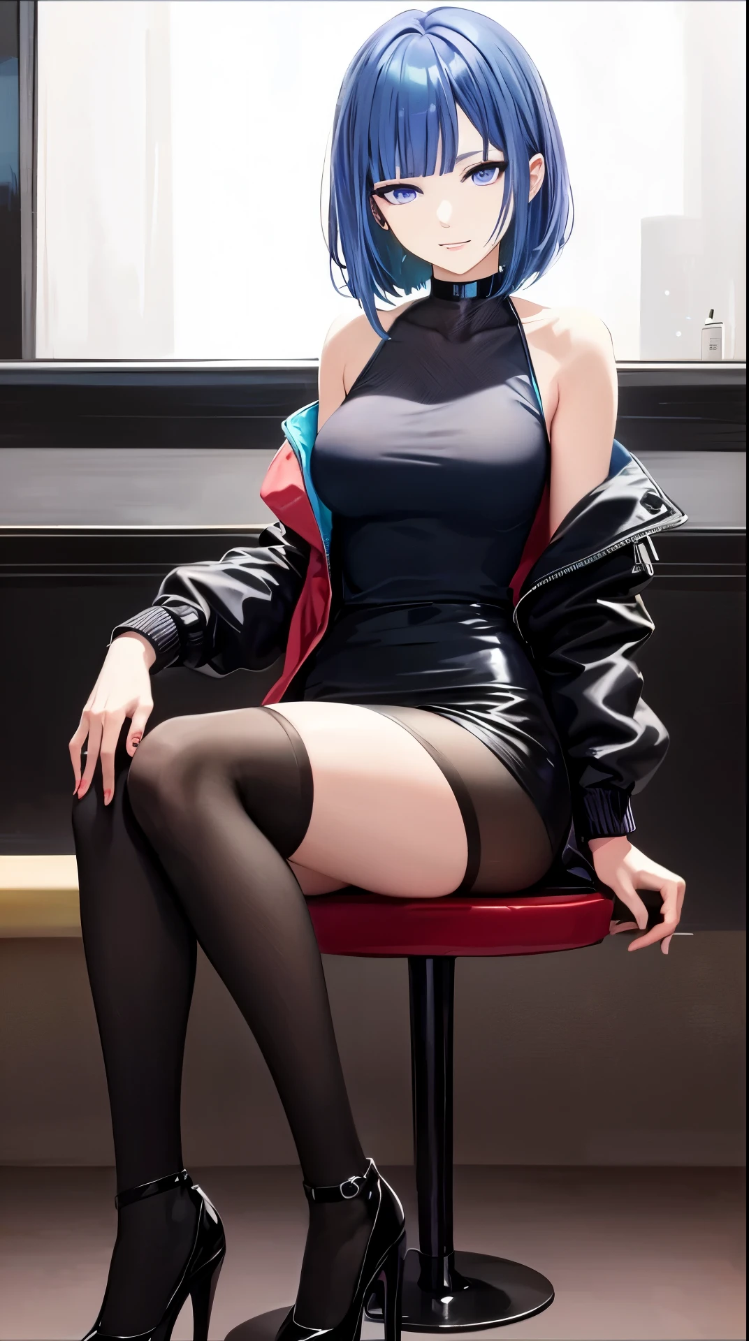 (violet eyes #8A2BE2:1.5),(((masterpiece))), (((best quality))), ((ultra-detailed)), (highly detailed CG illustration), ((an extremely delicate and beautiful)), ((Gorgeous Las Vegas casino bar in the background:1.5)), ((Black mesh tights:1.2)), ((Background is Casino bar with neon lights:1.5)),1girl, solo, Female character portrait, ((short hair styled in a straight-cut bob:1.5)),bangs are cut straight across, just above the eyebrow line, hair with a stronger blue tint has the hexadecimal color code #7093b5, ((sitting cross-legged on a gorgeous chair:1.5)),((Near-black, deep muted dark gray t-shirt:1.5)), ((Very dark gray t-shirt:1.5)),((plain t-shirt:1.5)),(long sleeves:1.5),(Casual T-shirt), ((like queen:1.5)), ((waring red high heels:1.5)), flopping down, ((seductive smug look)), ((medium breasts:1.5)), shoulder-length straight blue hair, anime girl with short hair, bangs to eyebrows,The hair is predominantly a pastel blue with shades that suggest a gradient mix of soft lilac and hints of a silvery-blue hue, violet eyes #8A2BE2, anime-influenced eyes, ((glossy teal bomber jacket #008080 with iridescent soap bubble patterns)), black miniskirt, black net tights, fair skin, subtle pink lips, exclude watermarks/signatures, In a cabaret club, cute natural anime face, detailed anime soft face, cute anime face, flat anime style shading, face anime portrait, made with anime painter studio, semirealistic anime style, perfect anime face, extremely cute anime girl face, high detailed face anime, pretty anime face, semi realistic anime, detailed anime face