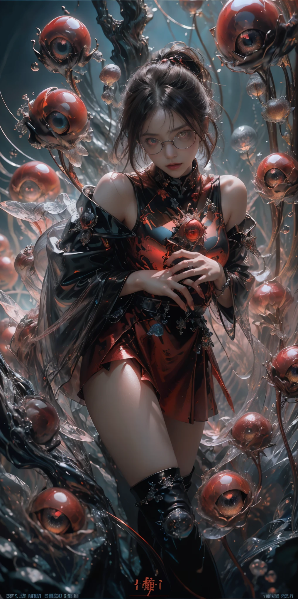 (The best illustrations)、realisitic、ultra-detailliert、The best lighting、Best Shadows、alluring succubus, ethereal beauty, perched on a cloud, (fantasy illustration:1.3), enchanting gaze, captivating pose, delicate wings, otherworldly charm, mystical sky, (Luis Royo:1.2), (Yoshitaka Amano:1.1), Dungeon and Dragon、caves、Dungeon、 A Necromancer、natta、Dark style、Succubus、Devil's Daughter、Bat Wings，(((Demon Hornlack-rimmed round glasses))))、(red eyes glowing:1.6)、​beautiful countenance、Tindall Effect、(High Detail Skins:1.2) absurderes、Ponytail distortion、jewely、Beautiful expression、Toned waist、Wide buttocks、Tindall Effectmasuter piece、top-quality、Highest Standards、Top image quality、masutepiece、intricate detailes、High resolution、Depth Field、natural soft light、profetional lighting、Great smile、(High Detail Skin: 1.2)、photorealistic anime girl render、Strong highlights of the eyes、Perfect Anatomy、crotch open、Shy、Spreading your legs、Panties are visible、Skirt flipping、Body shiny with oilerectile nipple))、8K resolution、intricate clothing、Intricate details