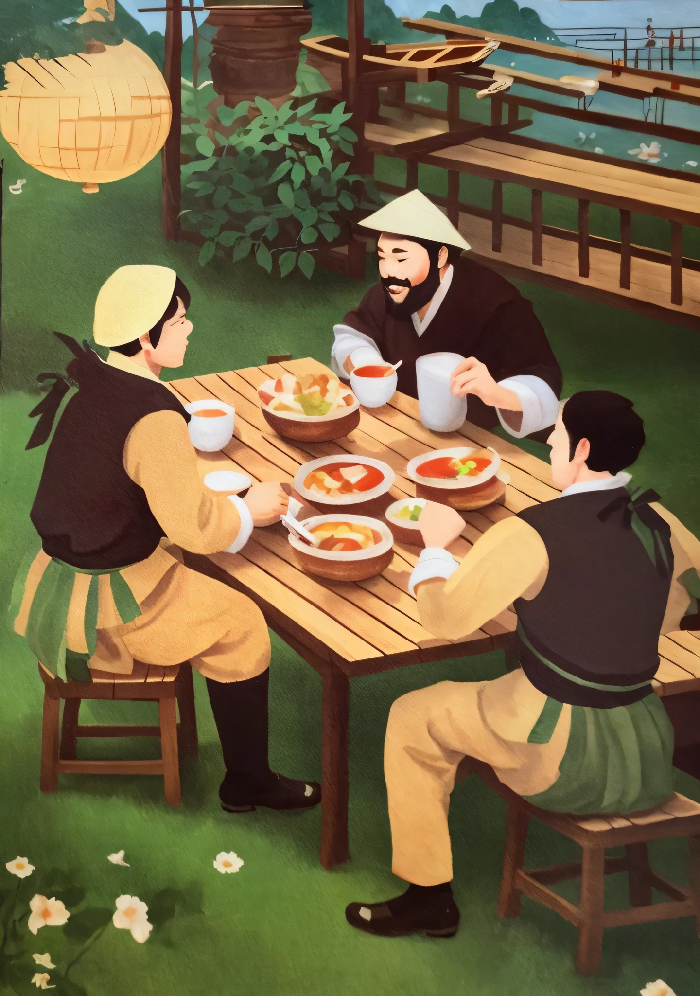 painting of a man eating a meal at a picnic table, full color illustration, traditional painting, artwork in the style of z.w. gu, inspired by Yang Buzhi, added detail, cover illustration, inspired by Lu Zhi, detailed book illustration, inspired by Tan Ting-pho, game illustration, a beautiful artwork illustration, by Ni Yuanlu