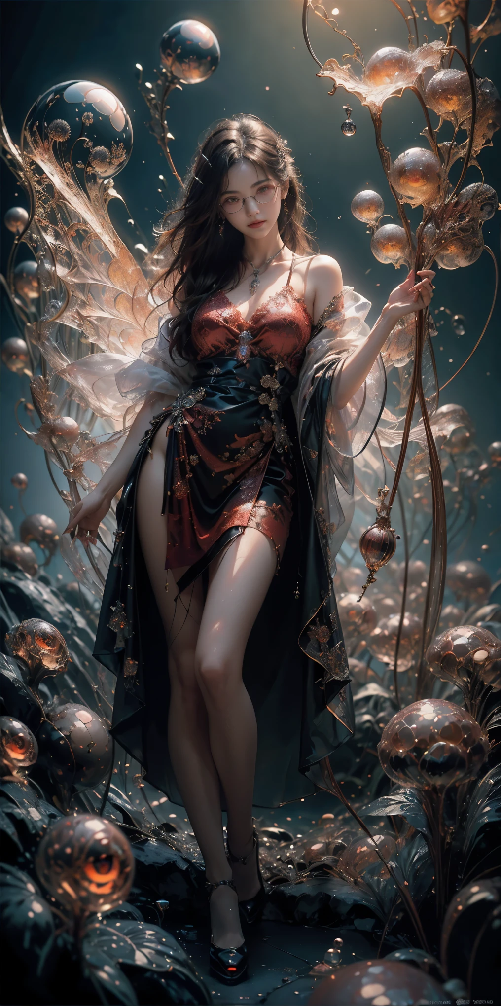 (The best illustrations)、realisitic、ultra-detailliert、The best lighting、Best Shadows、alluring succubus, ethereal beauty, perched on a cloud, (fantasy illustration:1.3), enchanting gaze, captivating pose, delicate wings, otherworldly charm, mystical sky, (Luis Royo:1.2), (Yoshitaka Amano:1.1), Dungeon and Dragon、caves、Dungeon、 A Necromancer、natta、Dark style、Succubus、Devil's Daughter、Bat Wings，(((Demon Hornlack-rimmed round glasses))))、(red eyes glowing:1.6)、​beautiful countenance、Tindall Effect、(High Detail Skins:1.2) absurderes、Ponytail distortion、jewely、Beautiful expression、Toned waist、Wide buttocks、Tindall Effectmasuter piece、top-quality、Highest Standards、Top image quality、masutepiece、intricate detailes、High resolution、Depth Field、natural soft light、profetional lighting、Great smile、(High Detail Skin: 1.2)、photorealistic anime girl render、Strong highlights of the eyes、Perfect Anatomy、crotch open、Shy、Spreading your legs、Panties are visible、Skirt flipping、Body shiny with oilerectile nipple))、8K resolution、intricate clothing、Intricate details