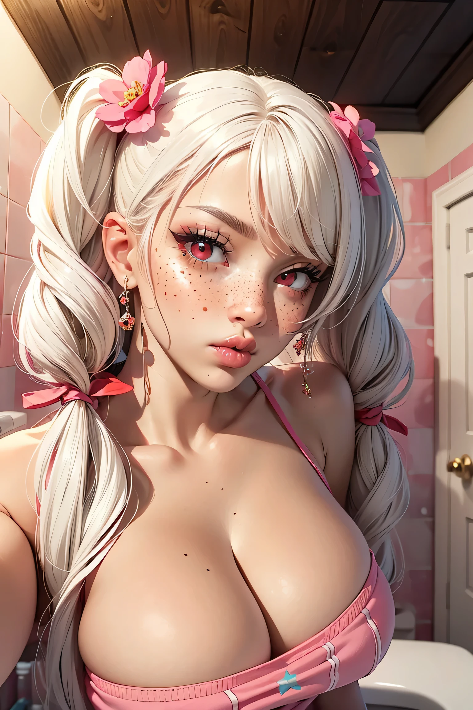 (1girl), red eyes, white hair, pigtails, freckles on nose, long hair, x ornament, big lips, pretty lips, ((gyaru)), gyaru hairstyle, ornaments, cute sexy clothing, seductive anime girl, thicc, cute anime, bathroom, plant, ceiling, pink bathroom, lipgloss. lip focussed, lips, lip focus, puckered lips