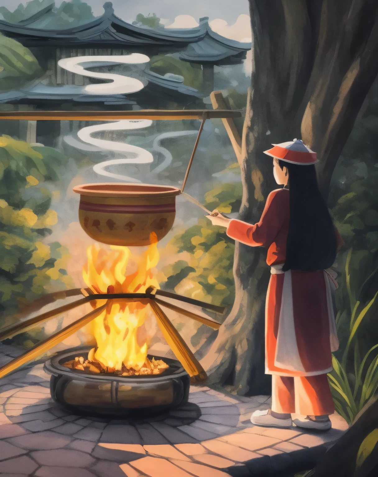 painting of a woman cooking over a fire in a garden, inspired by Tosa Mitsuoki, artistic render of reimu hakurei, inspired by Li Rongjin, inspired by Cao Zhibai, toph bei fong, inspired by Lu Zhi, inspired by Pan Tianshou, full color illustration, casting a fire spell, traditional art