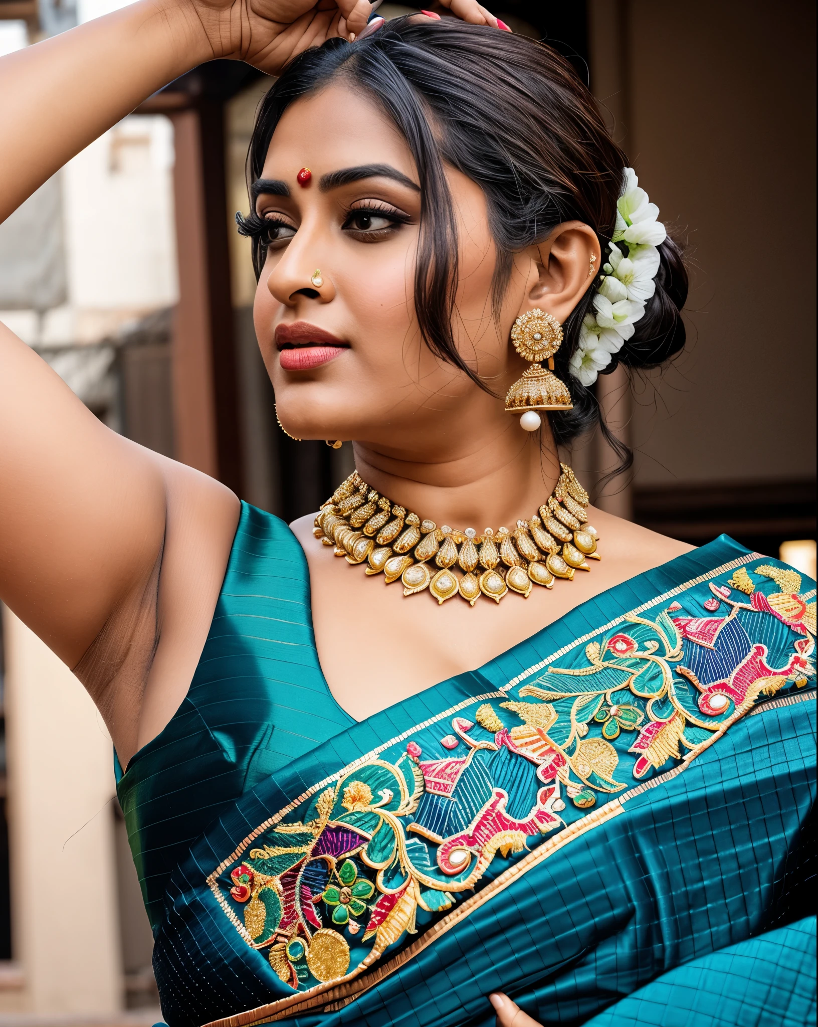 Foto RAW, photorealistic, photography, full body shot, master shot, goddess like beauty, perfect thick chubby mallu Desi aunty bhabhi, Wearing a Stanapatta, a chest-band.Saree model, model Photography, Indian saree shoot, Indian traditional wear advertising photography, traditional wear brand shoot, face of Indian actress Sonakshi Sinha, masterpiece, realistic, realism, incredible details, pleasure, photorealism, detailed skin, skin pores, high contrast, photorealistic Artstation 8k HD digital art trend of high definition and detailed realistic skin texture, ultra detail, realistic skin texture, armature, best quality, ultra high definition, (photorealistic:1.4),, high resolution, detail, raw photo, Re sharp, by Lee Jefferies Nikon D850 Film Stock Photo 4 Kodak Portra 400 Camera F1.6 Lens Rich Color Ultra Real Realistic Realistic Textures Dramatic Lighting Unreal Engine Trending at Art Station Cinestill 800,(pele altamente detalhada: 1.2), 8k UHD, DSLR, soft-lighting, alta qualidade, grain of film, Fujifilm XT3,she didn't like to wear blouse or bra, she happy to wear only saree, she hates blouse or bra, detailed hairy armpits,