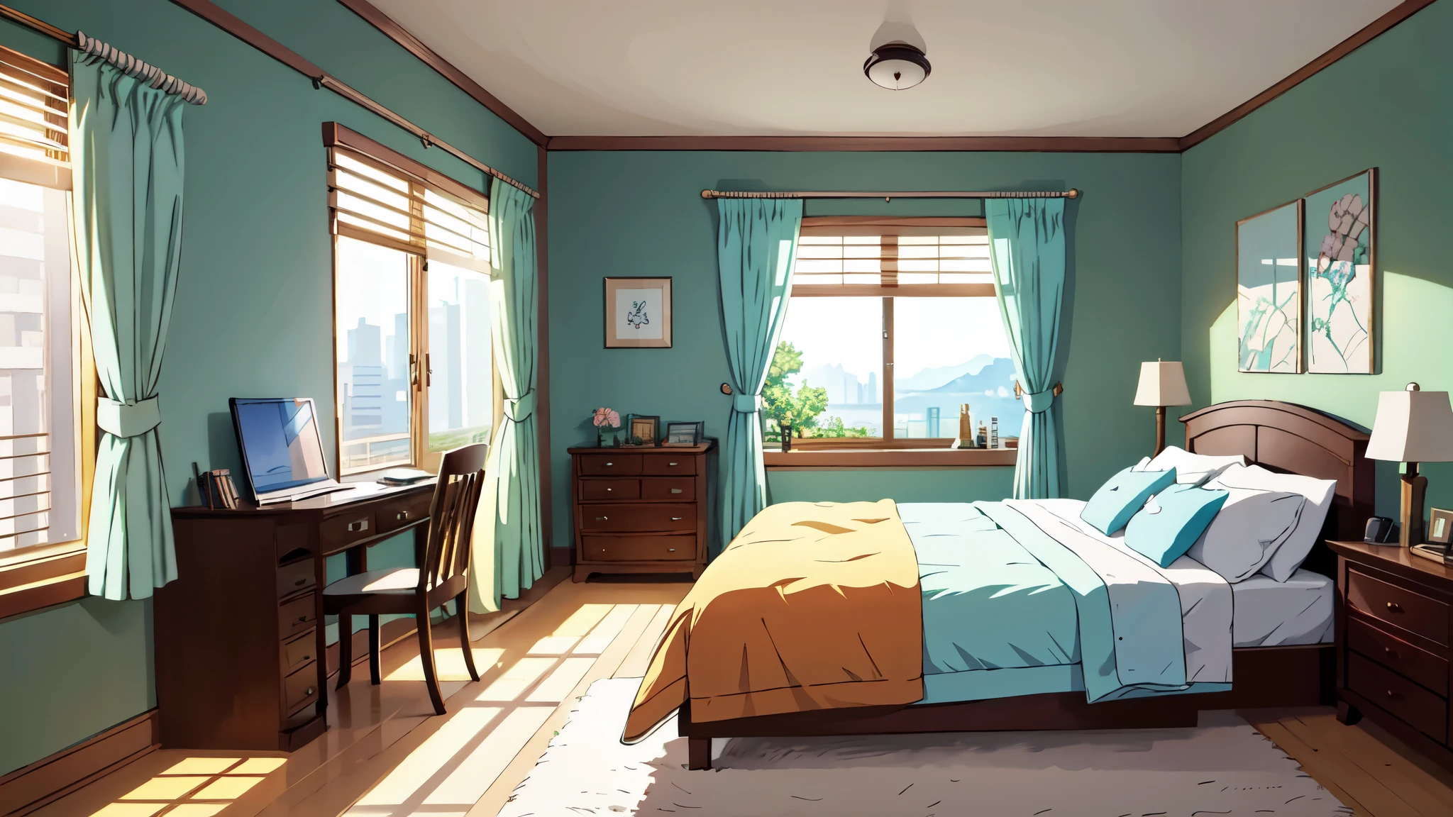 cartoon style, Personal Room Background, realistic daylight, interior background art, photorealistic room, anime background art, background art, cozy home background, bedroom background, from senior environment artist, anime landscapes concept art, anime style, Anime drawing