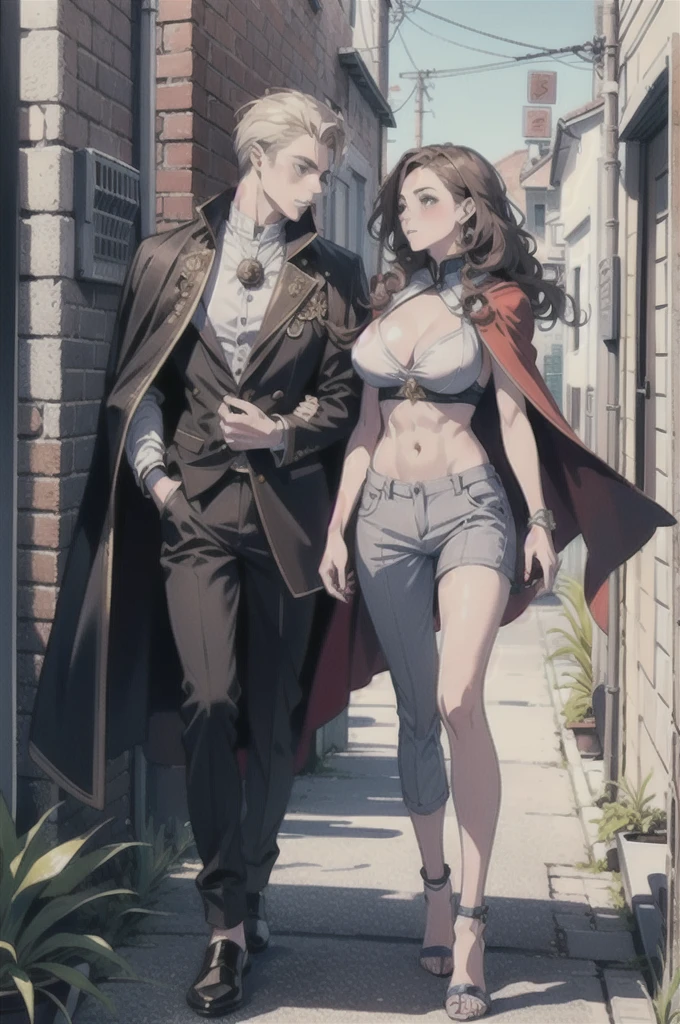 (Ridiculous, high resolution, Super detailed), highly detailed ,8k , highest quality, (original photo:1.5),((male and female couple:1.tanding:1.5))、(Boy kisses girl:1.2)、(boy wearing pants、muscular boy、abdominal muscles:1.6)、(The girl is wearing a tight top、huge breastsurly hair、Perfect body、slender legs、Sexy high heel.2)kiss,Best light and shadow, The background is a back alley, Detailed sunlight, sitting, dappled sunshine, sky, depth of field, plant, 夏sky, (Dutch Cape)