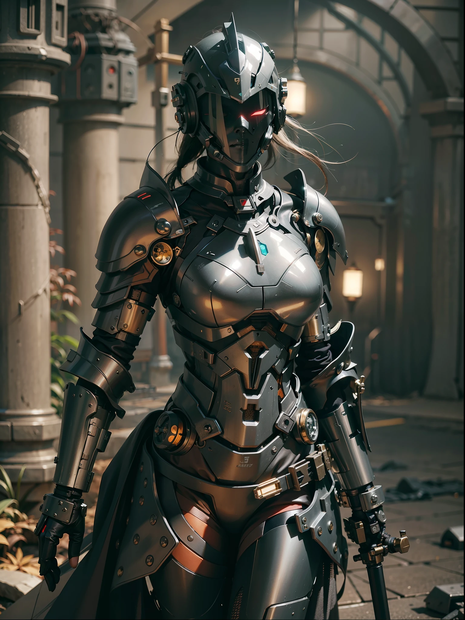 Fantasy cyberpunk world,1 Mechanical Miracle,defend world order;Samurai Mechanical Armor,Equip transparent weapons,Streamlined black and red design,Wearing a black cloak,A big portion for 1 person,Art of the highest quality,8K ultra-high resolution,Dynamic lighting,Just as brilliant,bright colors,Wearing a high-tech steel suit,Wearing a cyberpunk space helmet,Luminous mechanical protective mask,Future high-tech mechanical armor,Ex Machina,