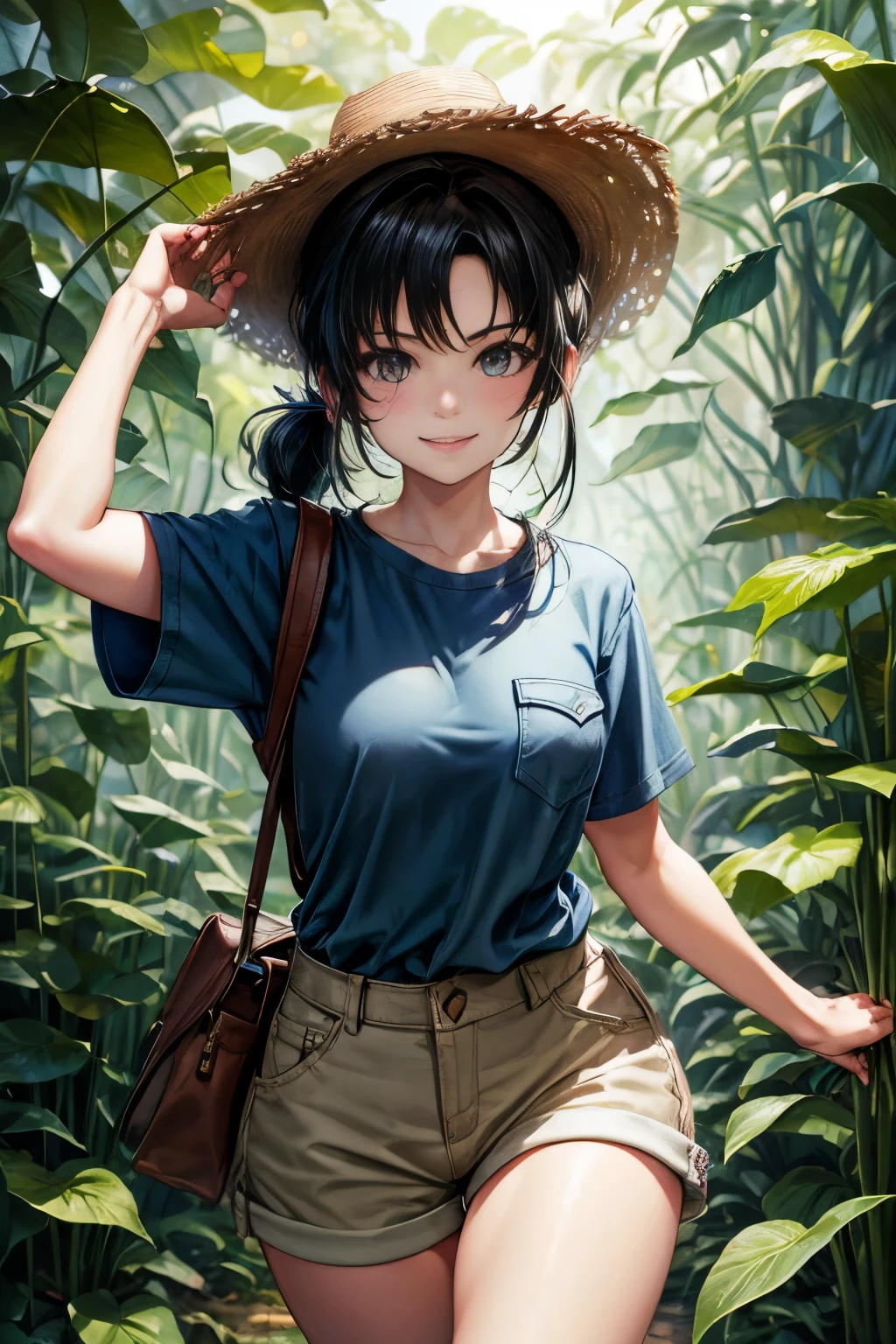 Painting of a smiling, gorgeous woman with black hair tied in a loose ponytail wearing an explorer hat, a buttoned-up blue shirt with short sleeves, beige shorts with pockets and brown traveling boots. She walks in a thick jungle pushing away the large leaves and vines around. Anime style, highly detailed
