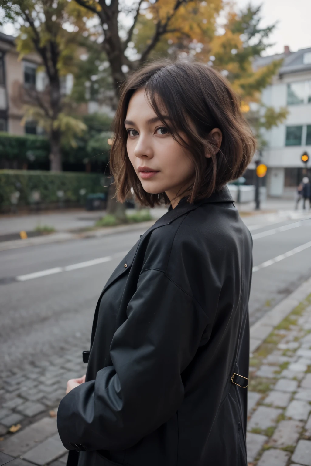 Casual side photo of 35 years old Russian Asian woman with Bob haircut in coat