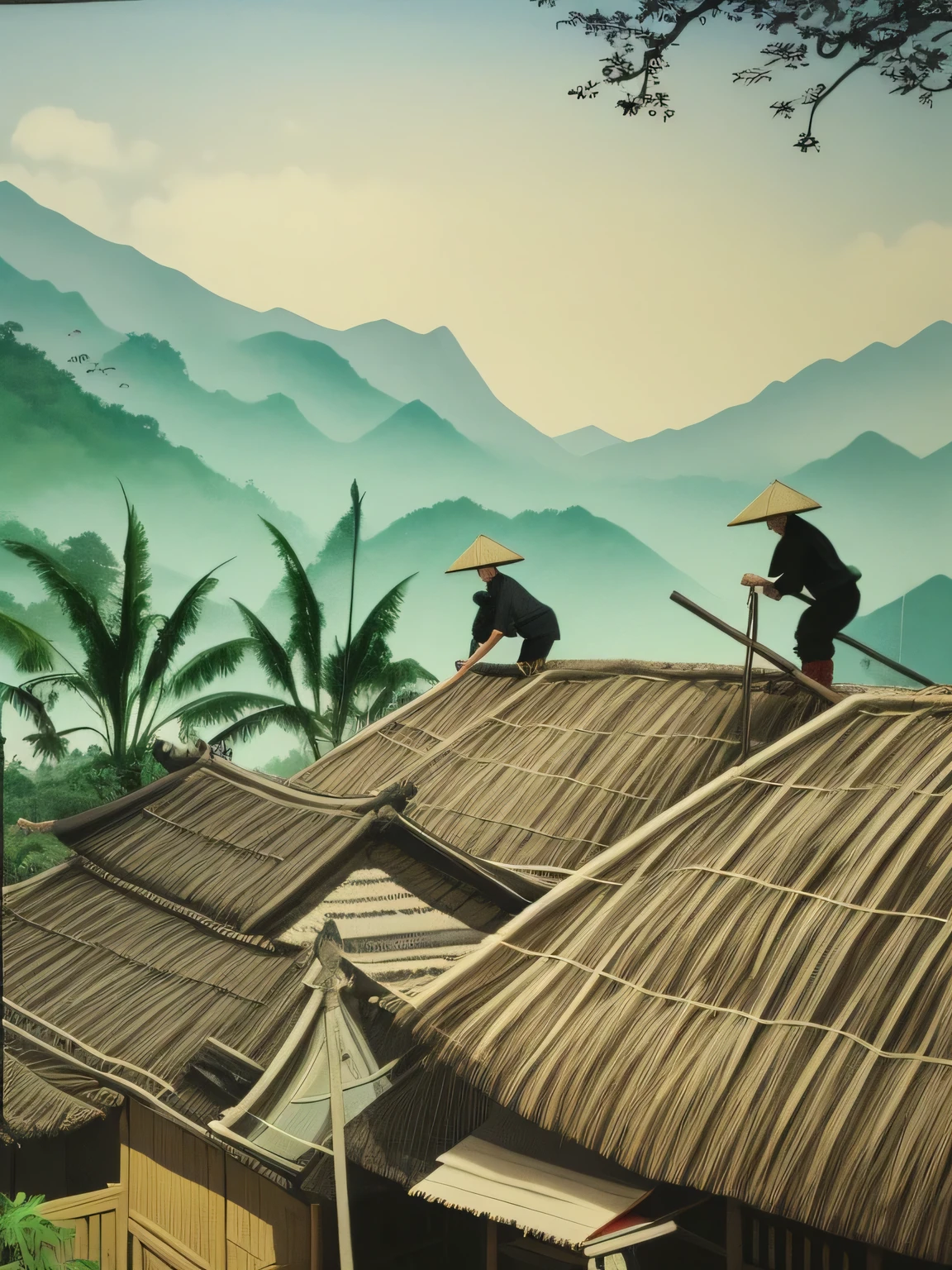 painting of two men on a roof of a hut with a mountain in the background, vietnam, vietnamese temple scene, thatched roofs, artwork in style of sheng lam, traditional painting, old asian village, thatched roof, by Yang Borun, inspired by Gao Kegong, hut, thailand art, by Qu Leilei, excellent detail