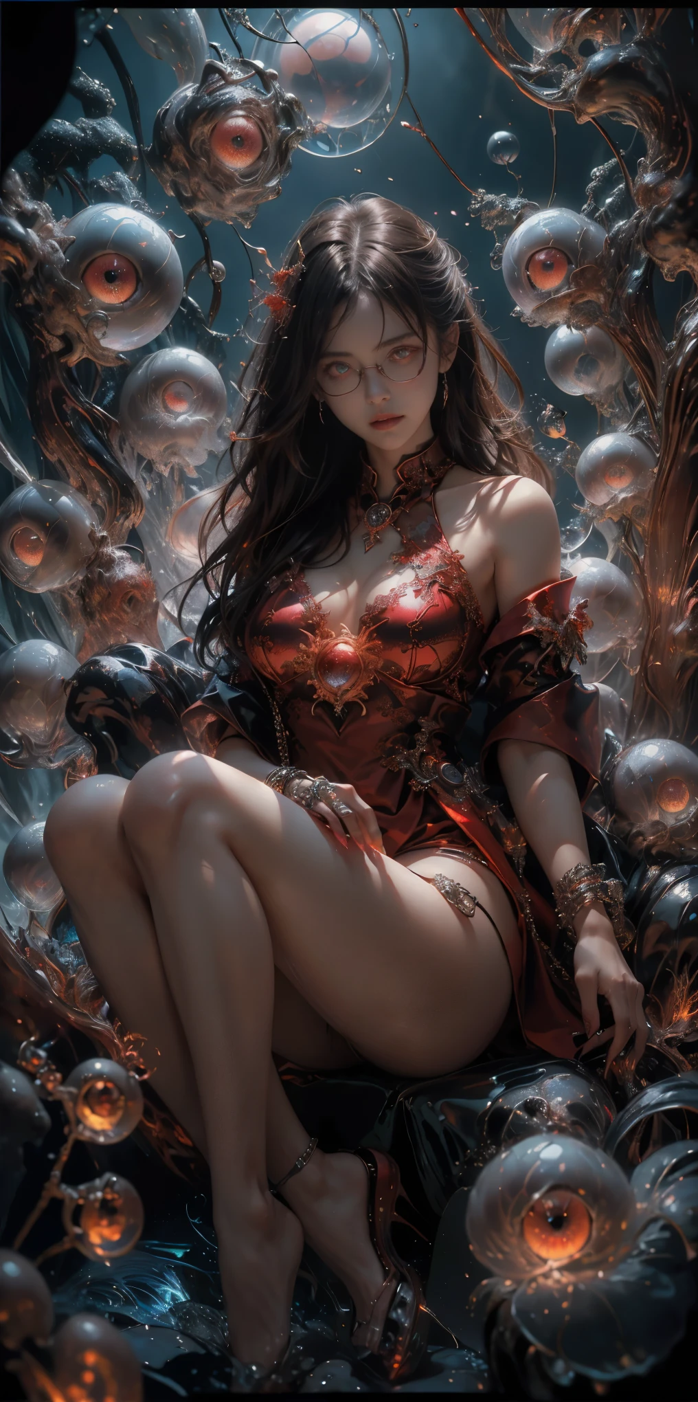 (The best illustrations)、realisitic、ultra-detailliert、The best lighting、Best Shadows、alluring succubus, ethereal beauty, perched on a cloud, (fantasy illustration:1.3), enchanting gaze, captivating pose, delicate wings, otherworldly charm, mystical sky, (Luis Royo:1.2), (Yoshitaka Amano:1.1), Dungeon and Dragon、caves、Dungeon、 A Necromancer、natta、Dark style、Succubus、Devil's Daughter、Bat Wings,(((Demon Hornlack-rimmed round glasses))))、(red eyes glowing:1.6)、beautiful countenance、Tindall Effect、(High Detail Skins:1.2) absurderes、Ponytail distortion、jewely、Beautiful expression、Toned waist、Wide buttocks、Tindall Effectmasuter piece、top-quality、Highest Standards、Top image quality、masutepiece、intricate detailes、High resolution、Depth Field、natural soft light、profetional lighting、Great smile、(High Detail Skin: 1.2)、photorealistic anime girl render、Strong highlights of the eyes、Perfect Anatomy、crotch open、Shy、Spreading your legs、Panties are visible、Skirt flipping、Body shiny with oilerectile nipple))、8K resolution、intricate clothing、Intricate details