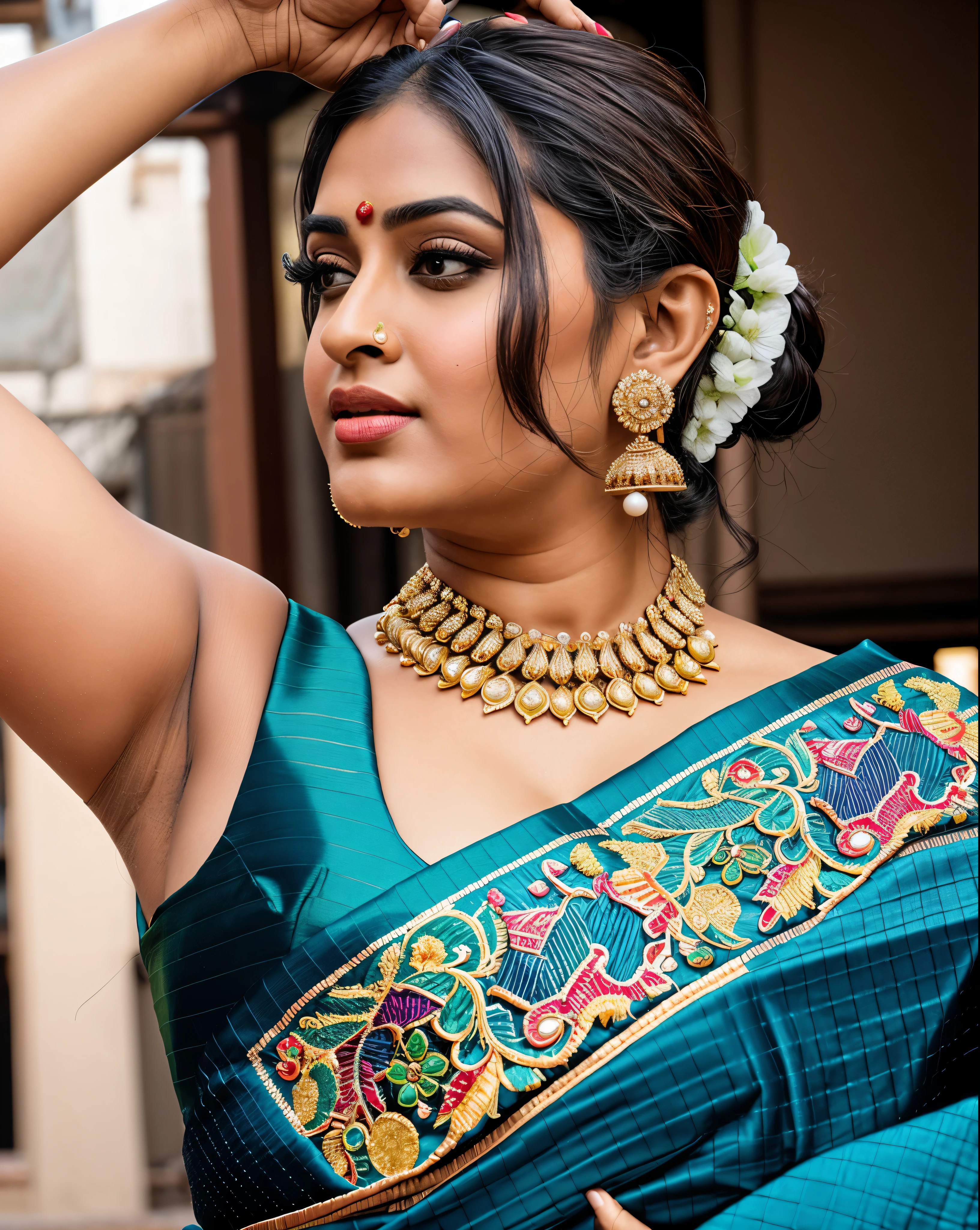 Foto RAW, photorealistic, photography, full body shot, master shot, goddess like beauty, perfect thick chubby mallu Desi aunty bhabhi, Wearing a Stanapatta, a chest-band.Saree model, model Photography, Indian saree shoot, Indian traditional wear advertising photography, traditional wear brand shoot, face of Indian actress Sonakshi Sinha, masterpiece, realistic, realism, incredible details, pleasure, photorealism, detailed skin, skin pores, high contrast, photorealistic Artstation 8k HD digital art trend of high definition and detailed realistic skin texture, ultra detail, realistic skin texture, armature, best quality, ultra high definition, (photorealistic:1.4),, high resolution, detail, raw photo, Re sharp, by Lee Jefferies Nikon D850 Film Stock Photo 4 Kodak Portra 400 Camera F1.6 Lens Rich Color Ultra Real Realistic Realistic Textures Dramatic Lighting Unreal Engine Trending at Art Station Cinestill 800,(pele altamente detalhada: 1.2), 8k UHD, DSLR, soft-lighting, alta qualidade, grain of film, Fujifilm XT3,she didn't like to wear blouse or bra, she happy to wear only saree, she hates blouse or bra, detailed hairy armpits,