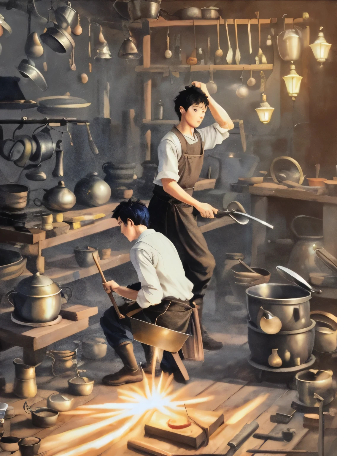 painting of two men working in a workshop with pots and pans, rob rey and kentaro miura style, smelters, blacksmith, the blacksmith, yusuke murata and makoto shinkai, rob rey and kentarõ miura style, makoto shinkai and tom bagshaw, artbook artwork, official fanart, production art, full art