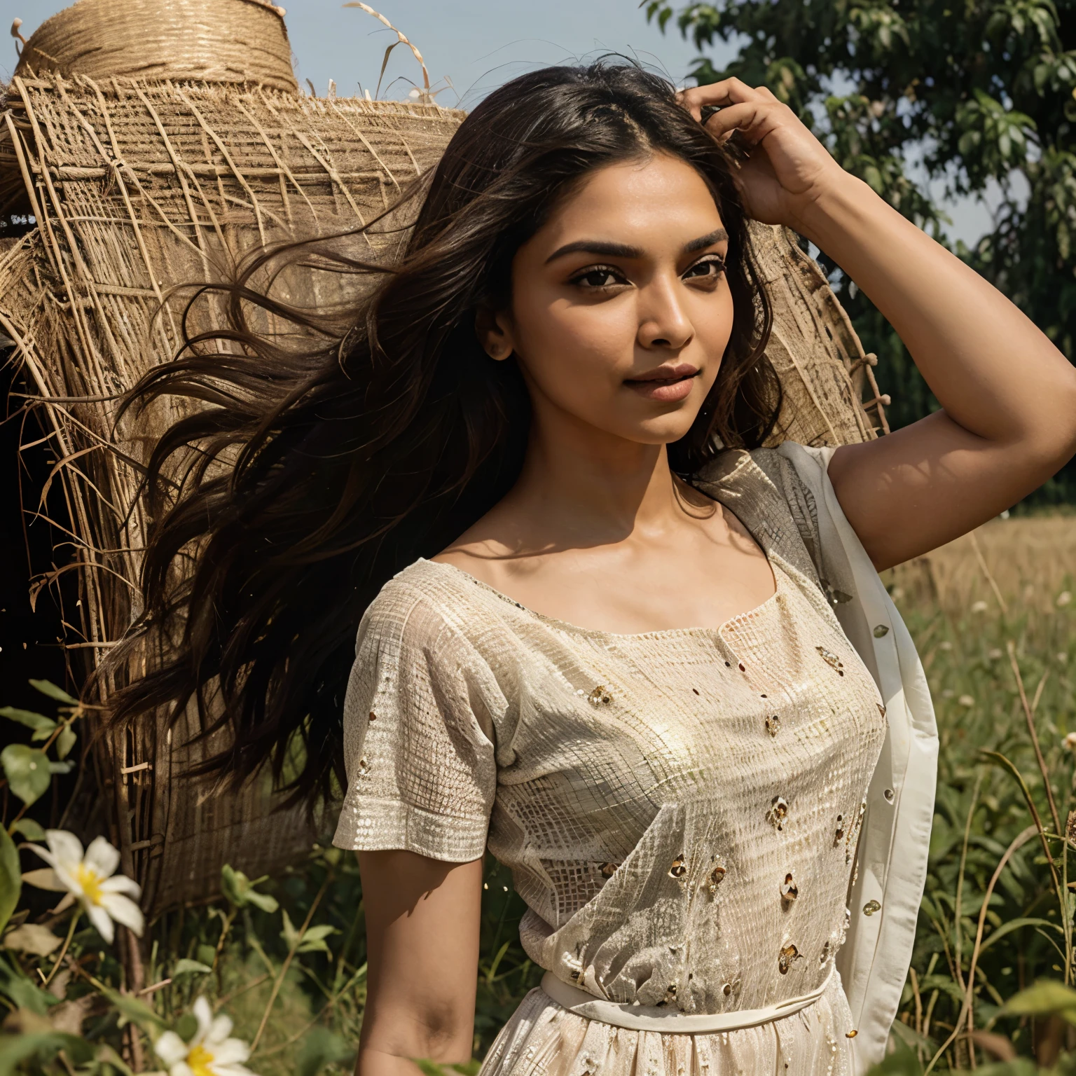 Deepika padukone in fields of punjab on a sunny day