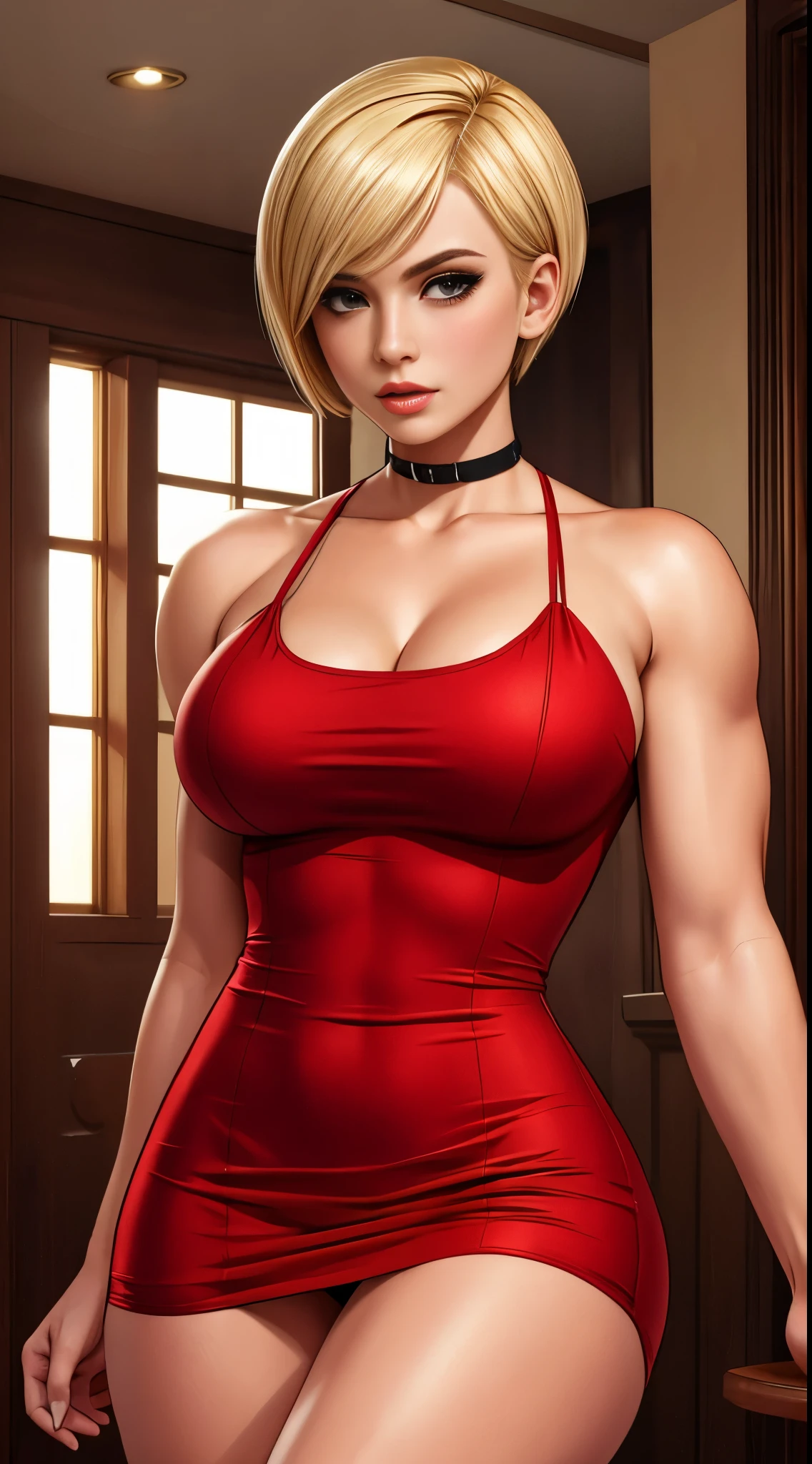 short red dress, undercut platinum bobcut blonde hair, small breasts, fit, muscular, short hair, mercenary, boob window