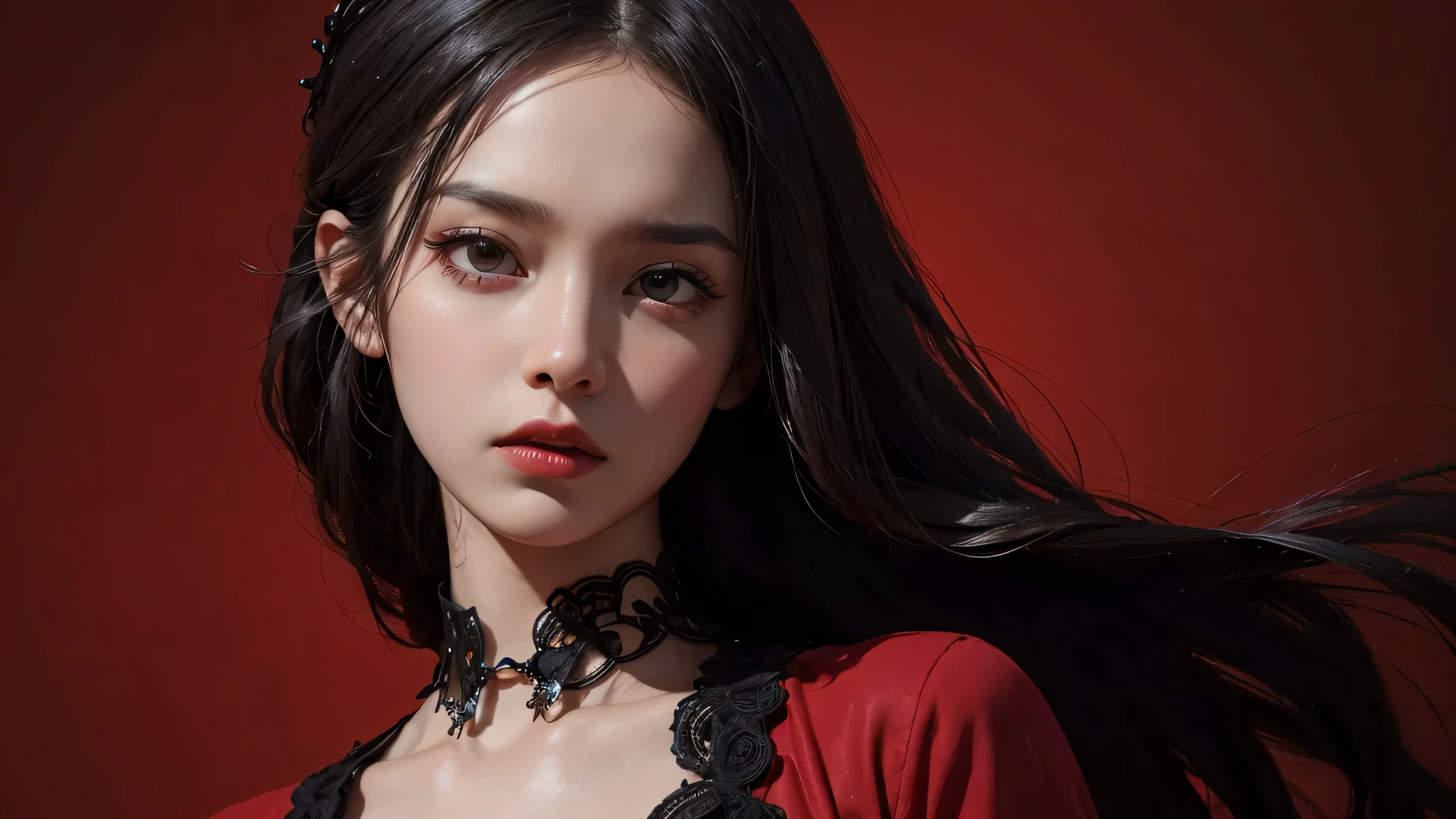 A close up of a woman with long hair wearing a red dress - SeaArt AI
