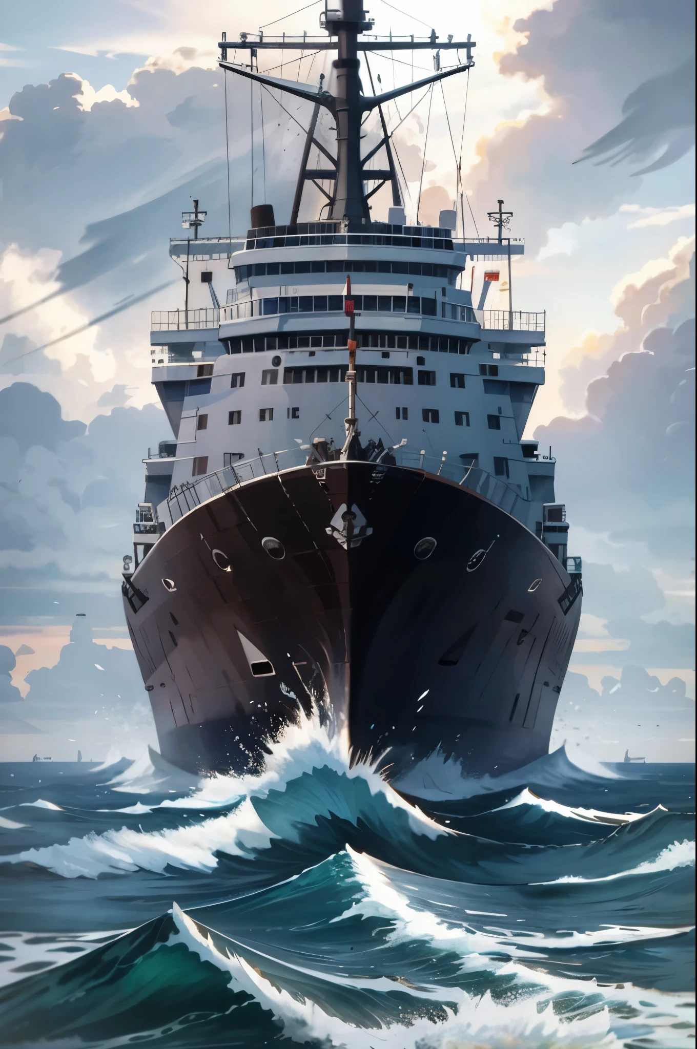 Ultra-realistic, masterpiece profile shot of a cargo ship battling the tumultuous sea. A commanding presence against the vast expanse of water, every detail meticulously captured in high definition. The ship's intricate features, from the stacked containers on deck to the Lifeboats and anchors, stand out against the raw power of the waves. The hull of the ship, battered by the relentless onslaught, is etched with a complex interplay of light and shadow. Salt spray (1.0) coats the deck and funnel, adding a gritty texture to the image. The sun beats down, casting long, dramatic shadows (1.3) on