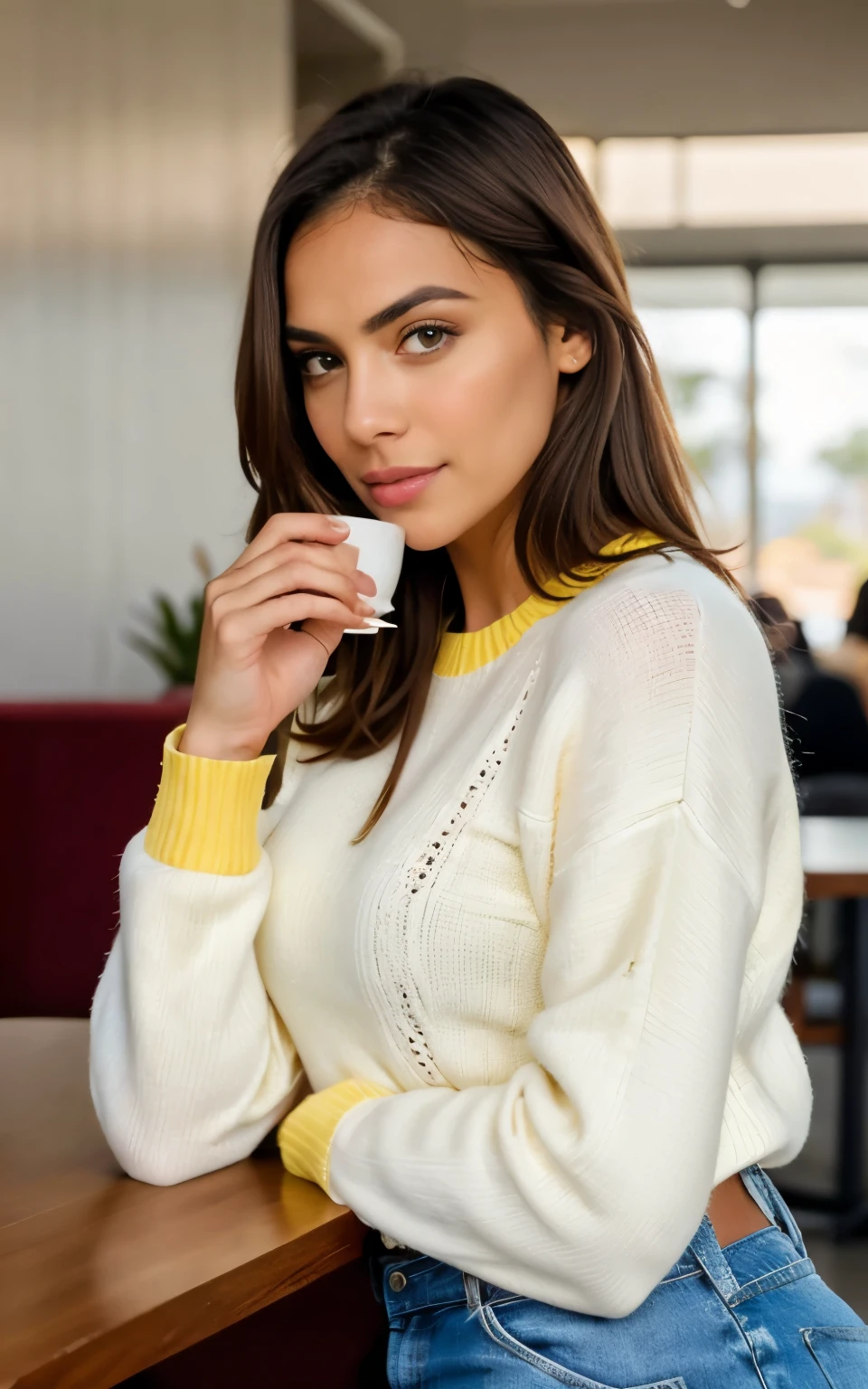 beautiful brunette beautiful wearing yellow sweater (drinking coffee inside a modern cafe at sunset), Muito detalhado, 31 anos de idade, cara inocente, cabelo com ondas naturais, olhos verdes, high resolution, obra de arte, melhor qualidade,detalhes intrincados, altamente detalhado,sharp focus, pele detalhada,Realista skin textura,textura, olhos detalhados, profissional, 4k, sorriso encantador, filmado em Canon, 85mm,profundidade superficial de campo,Cores Kodak Vision, corpo em forma perfeita, extremamente detalhado, foto_\(ultra\), fotoRealista, Realista, Post-processing, maximum detail, rugosidade, Vida real, ultra Realista, fotorealism, fotography, 8k hd, fotography