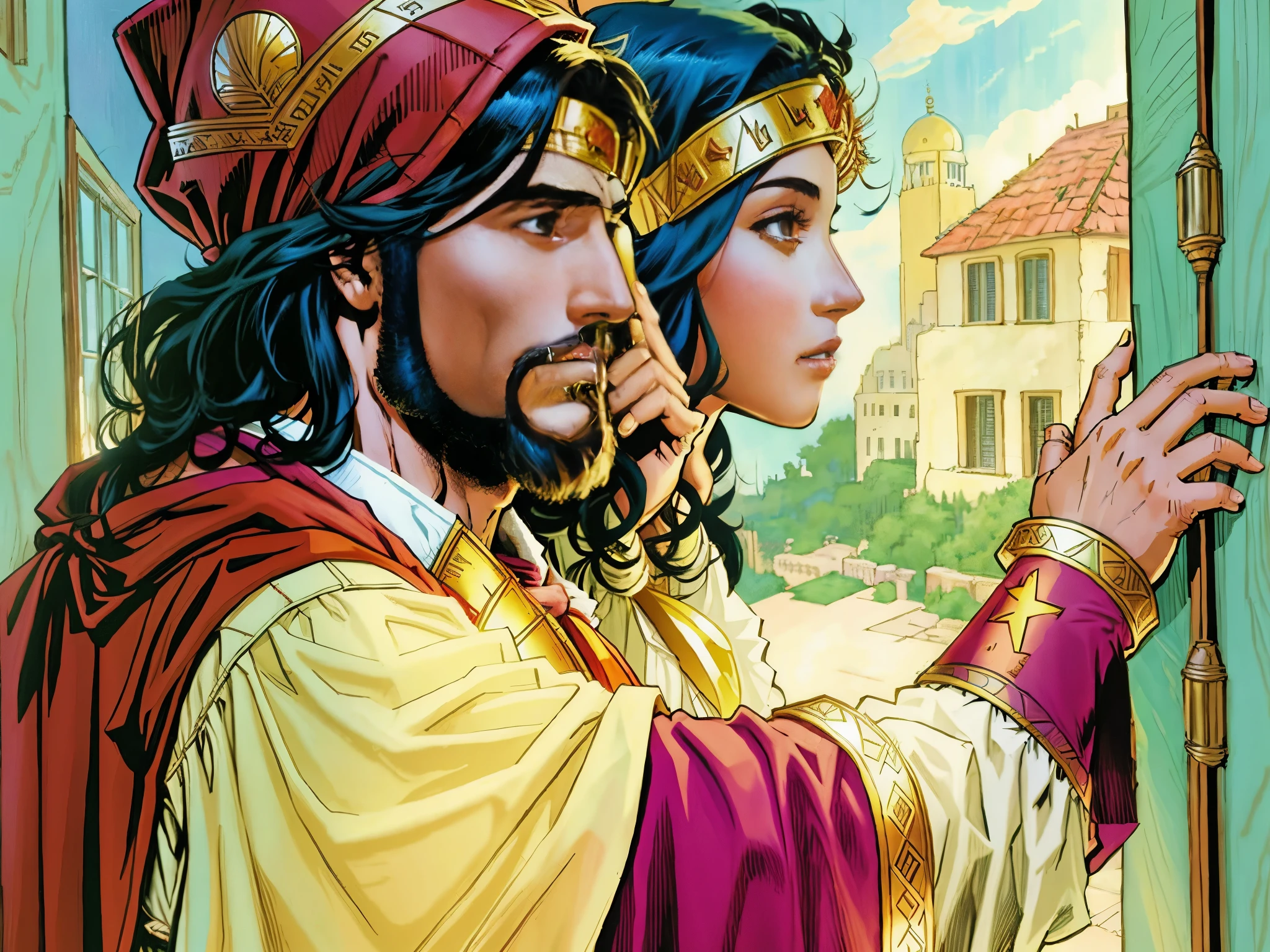 There's a man looking through a window. There is a woman next to the man. biblical costumes. Biblical setting. biblical style. Estilo anime. comic book style.