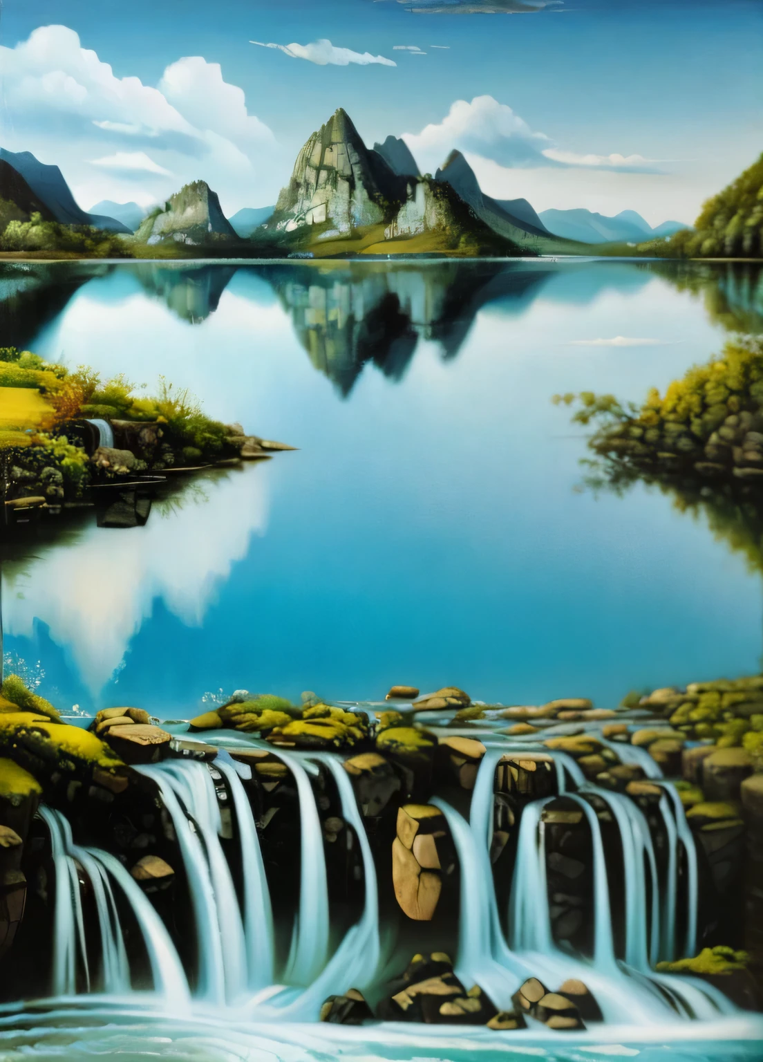 painting of a waterfall in a lake with a mountain in the background, water landscape, waterscape, waterfalls and lakes, stefan koidl, escher painting of a lake, epic surrealism 8k oil painting, detailed landscape, hyperrealistic landscape, lakes and waterfalls, surreal oil on canvas, surreal landscape, inspired by Carel Willink, surrealistic painting