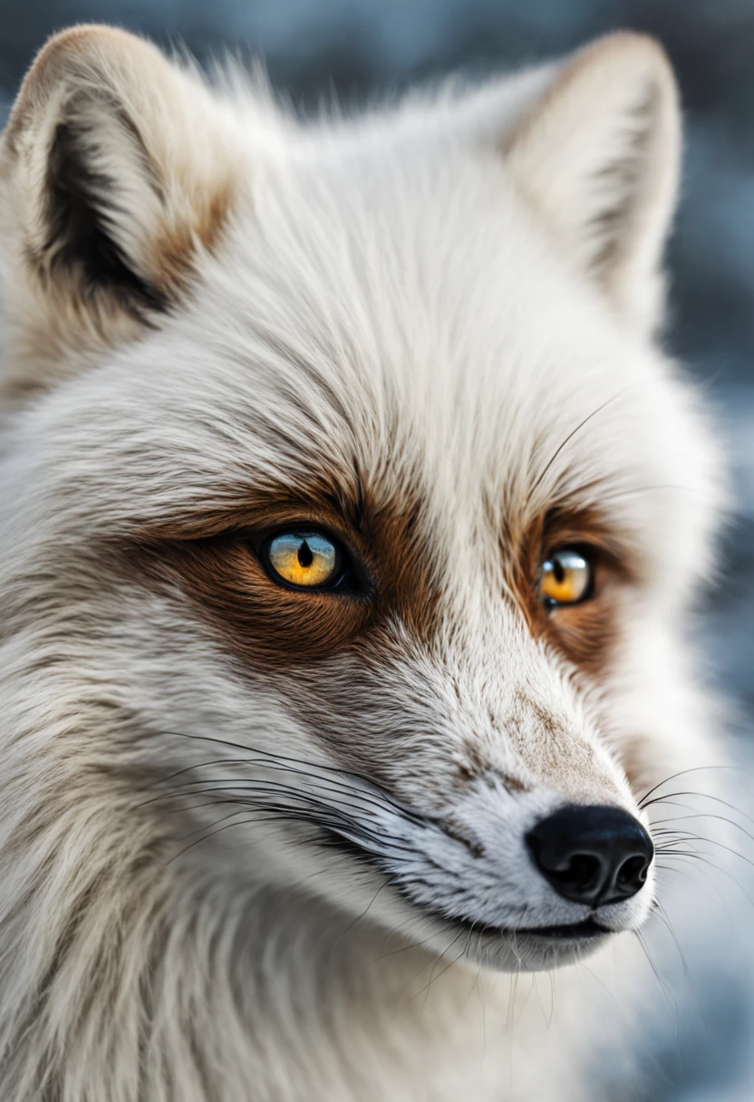 Arctic fox in a snowy tundra, pristine white fur blending with the environment, ice blue eyes, delicate paws leaving soft imprints on freshly fallen snow, Northern Lights (Aurora Borealis) gleaming in the background with hues of green and purple, isolated, serene, by Greg Rutkowski, ultra-realistic fur texture, 4k resolution, digital art, aesthetic