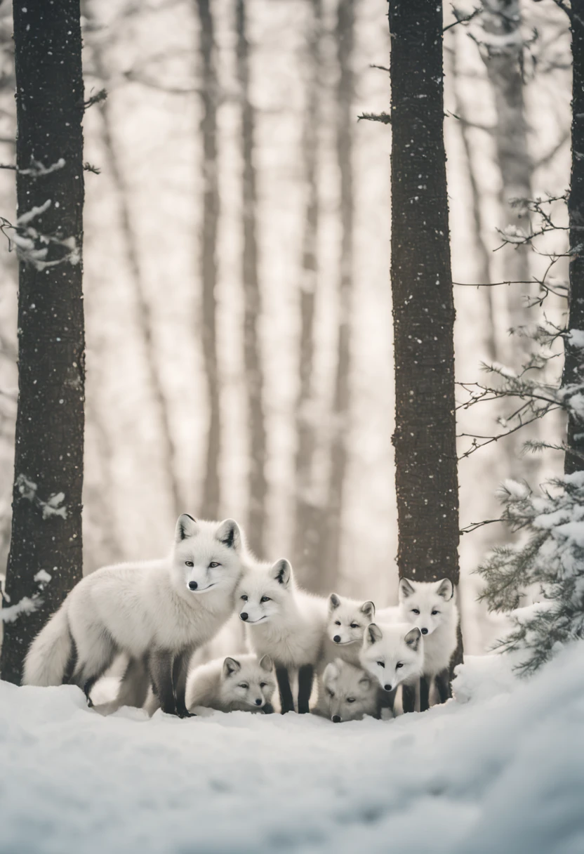 Realistic winter scene, arctic fox family huddled together for warmth, soft falling snow, muted color palette with whites, greys, and soft blues, tranquil and isolated vibe, Canon EOS R3, Focal length 14mm, aesthetic