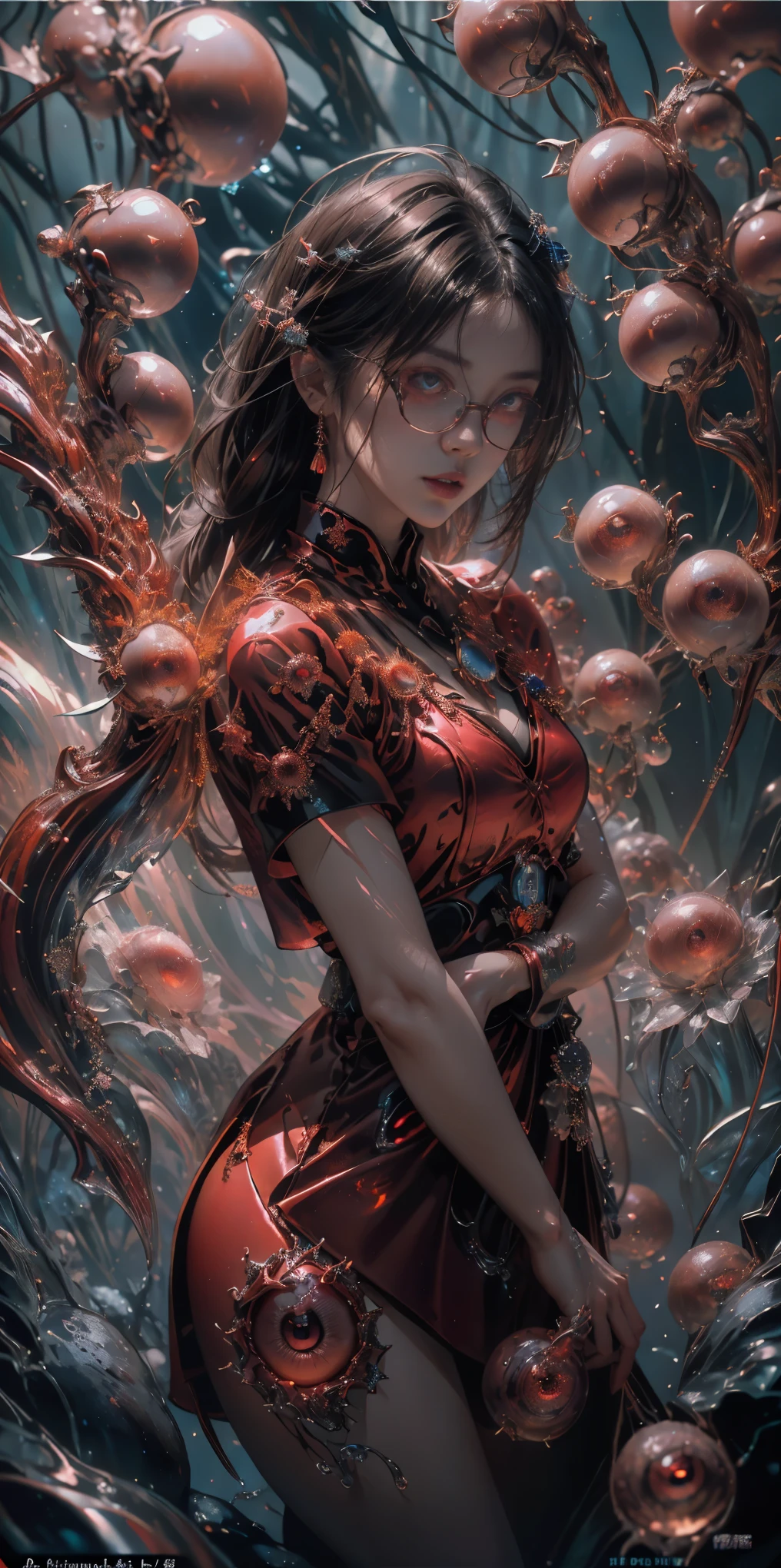 (The best illustrations)、realisitic、ultra-detailliert、The best lighting、Best Shadows、alluring succubus, ethereal beauty, perched on a cloud, (fantasy illustration:1.3), enchanting gaze, captivating pose, delicate wings, otherworldly charm, mystical sky, (Luis Royo:1.2), (Yoshitaka Amano:1.1), Dungeon and Dragon、caves、Dungeon、 A Necromancer、natta、Dark style、Succubus、Devil's Daughter、Bat Wings，(((Demon Hornlack-rimmed round glasses))))、(red eyes glowing:1.6)、​beautiful countenance、Tindall Effect、(High Detail Skins:1.2) absurderes、Ponytail distortion、jewely、Beautiful expression、Toned waist、Wide buttocks、Tindall Effectmasuter piece、top-quality、Highest Standards、Top image quality、masutepiece、intricate detailes、High resolution、Depth Field、natural soft light、profetional lighting、Great smile、(High Detail Skin: 1.2)、photorealistic anime girl render、Strong highlights of the eyes、Perfect Anatomy、crotch open、Shy、Spreading your legs、Panties are visible、Skirt flipping、Body shiny with oilerectile nipple))、8K resolution、intricate clothing、Intricate details