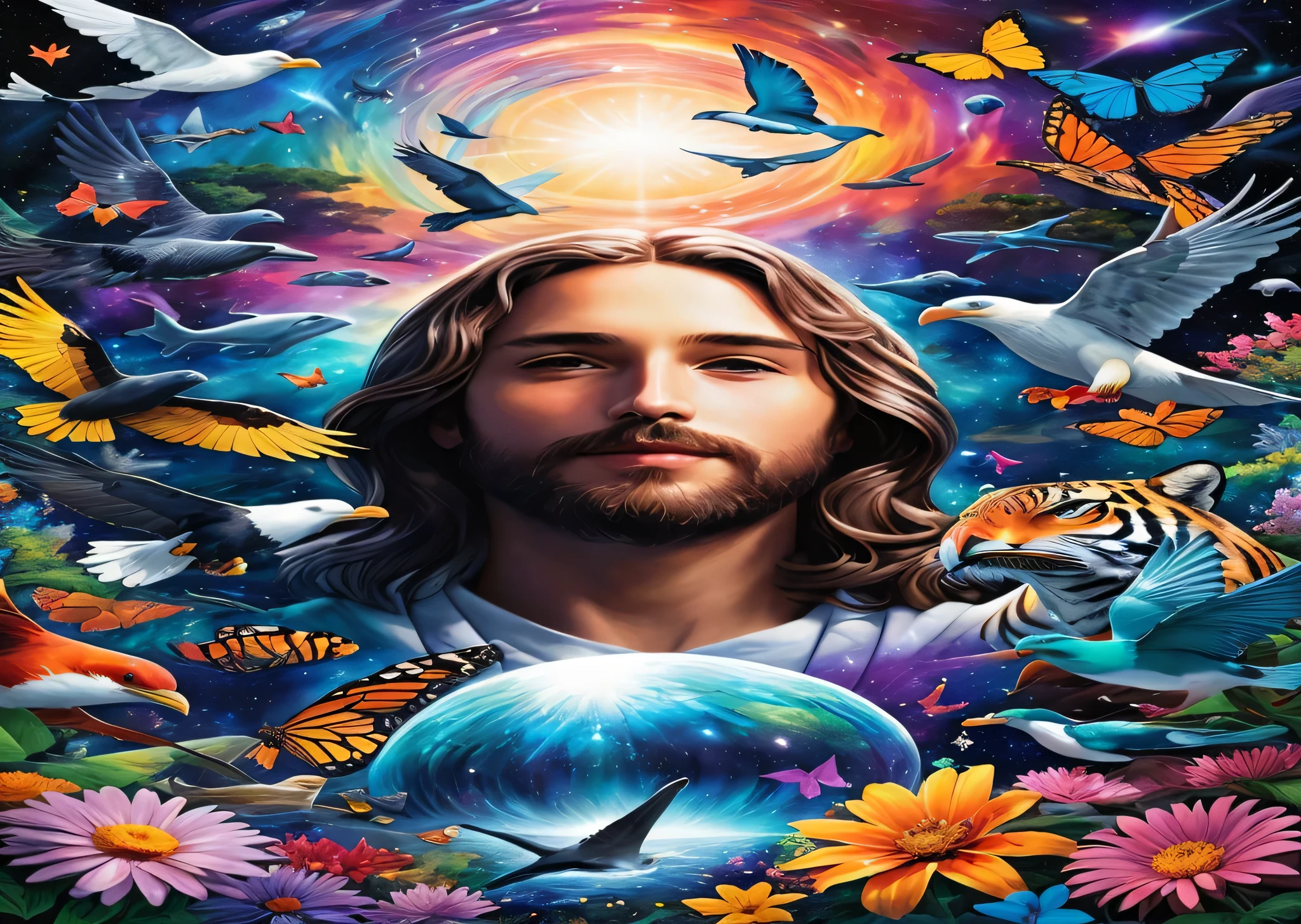 A cena deve representar a frase: "Jesus Cristo, king of creation". close-up de Jesus no centro, seu rosto transmite paz, ao seu redor muitos animais diferentes, eagle, lion, tigre, golfinho, eagles, pombas, baleias, borboleta, floresta, flores, Behind him, Galaxies and planets. ultradetalhe, tinta, colorida, cena brilhante. japanese style tattoo design, fundo branco liso.