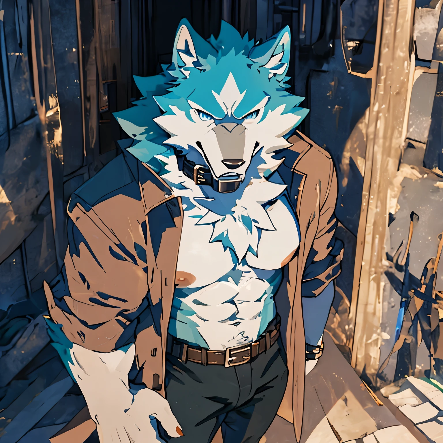 (masterpiece, ultra detailed, best quality), wolf, Furry, Cyan skin, white chest, nipple, looking at viewer, florest background, florest scenery, sexy face, pants, shirtless, shirou ogami