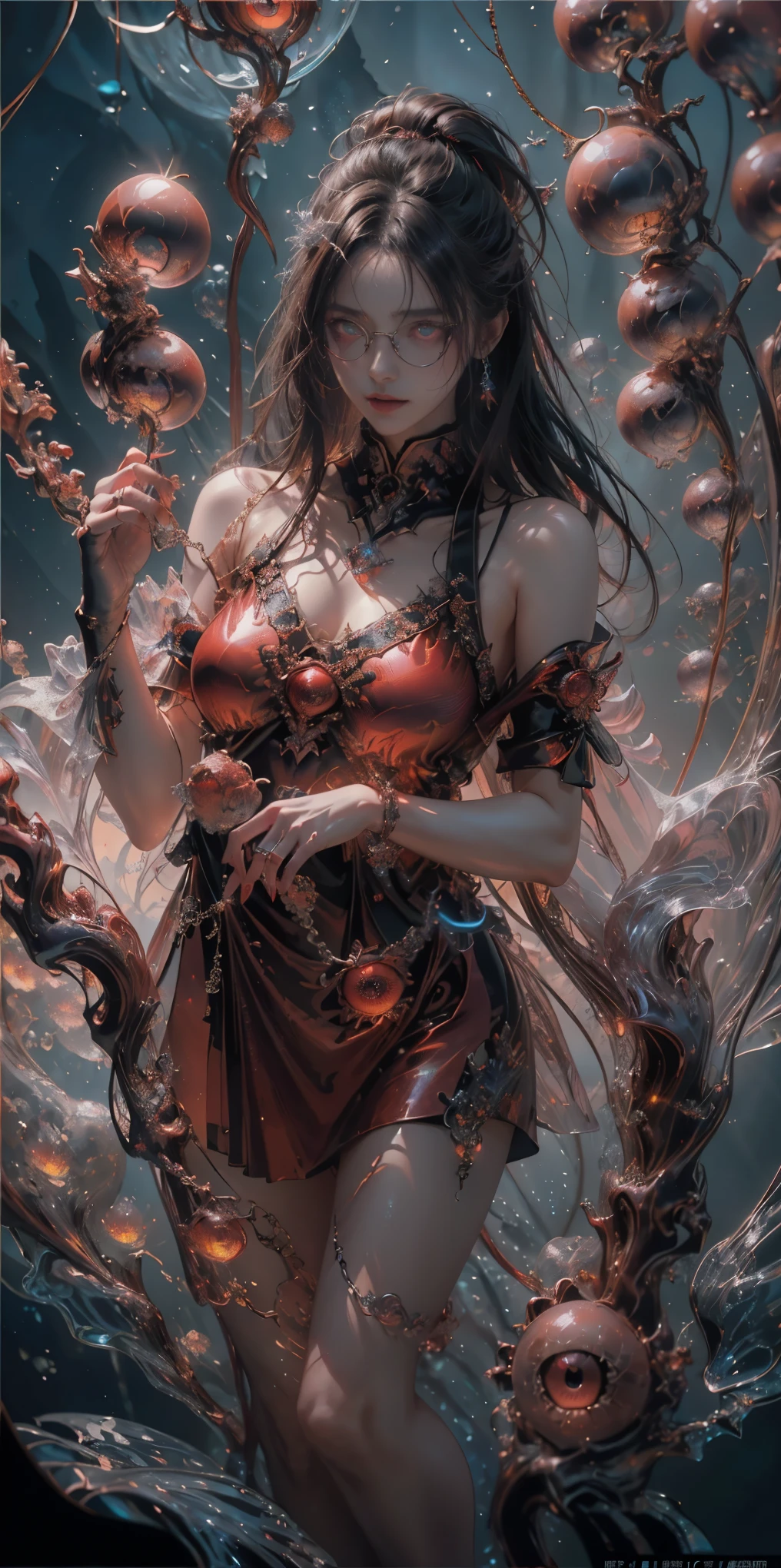 (The best illustrations)、realisitic、ultra-detailliert、The best lighting、Best Shadows、alluring succubus, ethereal beauty, perched on a cloud, (fantasy illustration:1.3), enchanting gaze, captivating pose, delicate wings, otherworldly charm, mystical sky, (Luis Royo:1.2), (Yoshitaka Amano:1.1), Dungeon and Dragon、caves、Dungeon、 A Necromancer、natta、Dark style、Succubus、Devil's Daughter、Bat Wings，(((Demon Hornlack-rimmed round glasses))))、(red eyes glowing:1.6)、​beautiful countenance、Tindall Effect、(High Detail Skins:1.2) absurderes、Ponytail distortion、jewely、Beautiful expression、Toned waist、Wide buttocks、Tindall Effectmasuter piece、top-quality、Highest Standards、Top image quality、masutepiece、intricate detailes、High resolution、Depth Field、natural soft light、profetional lighting、Great smile、(High Detail Skin: 1.2)、photorealistic anime girl render、Strong highlights of the eyes、Perfect Anatomy、crotch open、Shy、Spreading your legs、Panties are visible、Skirt flipping、Body shiny with oilerectile nipple))、8K resolution、intricate clothing、Intricate details