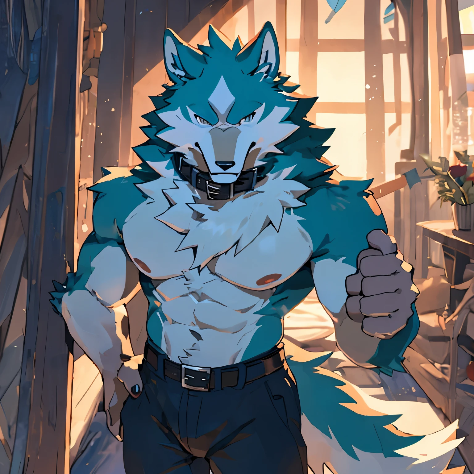 (masterpiece, ultra detailed, best quality), wolf, Furry, Cyan skin, white chest, nipple, looking at viewer, florest background, florest scenery, sexy face, pants, shirtless, shirou ogami