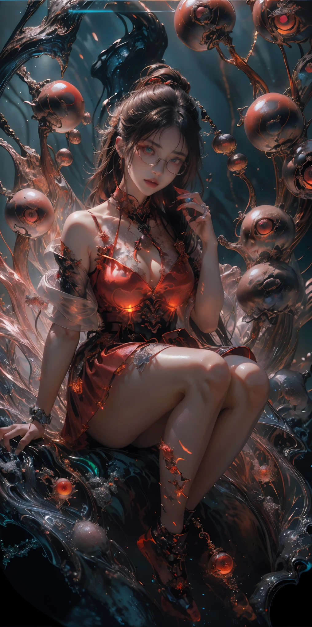 (The best illustrations)、realisitic、ultra-detailliert、The best lighting、Best Shadows、alluring succubus, ethereal beauty, perched on a cloud, (fantasy illustration:1.3), enchanting gaze, captivating pose, delicate wings, otherworldly charm, mystical sky, (Luis Royo:1.2), (Yoshitaka Amano:1.1), Dungeon and Dragon、caves、Dungeon、 A Necromancer、natta、Dark style、Succubus、Devil's Daughter、Bat Wings，(((Demon Hornlack-rimmed round glasses))))、(red eyes glowing:1.6)、​beautiful countenance、Tindall Effect、(High Detail Skins:1.2) absurderes、Ponytail distortion、jewely、Beautiful expression、Toned waist、Wide buttocks、Tindall Effectmasuter piece、top-quality、Highest Standards、Top image quality、masutepiece、intricate detailes、High resolution、Depth Field、natural soft light、profetional lighting、Great smile、(High Detail Skin: 1.2)、photorealistic anime girl render、Strong highlights of the eyes、Perfect Anatomy、crotch open、Shy、Spreading your legs、Panties are visible、Skirt flipping、Body shiny with oilerectile nipple))、8K resolution、intricate clothing、Intricate details