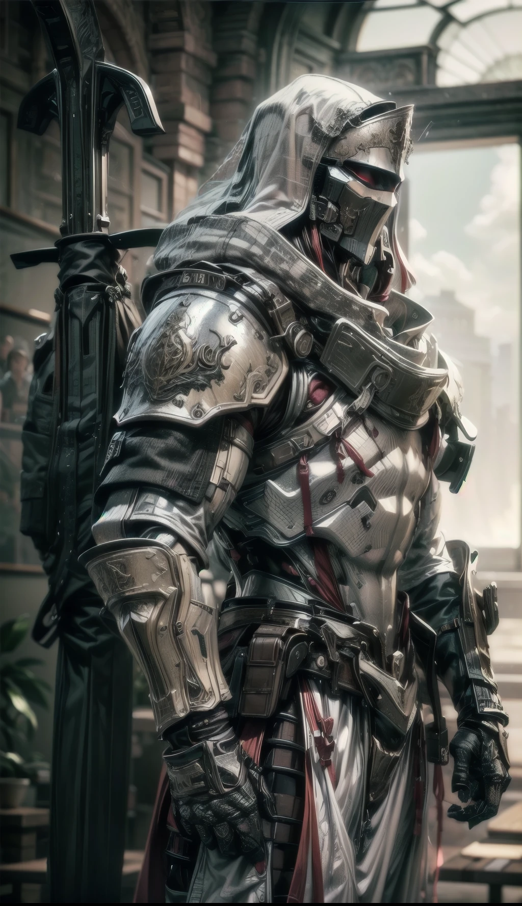 ()elegant decorated military angel knight, handsome male, soldier, sharp angular masculine face, mid 30's, heavily muscled masculine chest, chiseled abs, heavily toned, slim yet muscular, complex tactical scifi mechanical helmet, scifi tactical visor, scifi tactical double breasted trench coat, sleek exoskeleton, form fitted armor plating, super sleek sensually revealing under suit, waist and thighs exposed, flamboyant feminine essence, heavy mechanical gothic aesthetic, androgynous body build, toned yet heavily muscled gorgeous femboy physique, gorgeous perfectly defined muscles, toned sleek mechanical arms and legs, thick well rounded thighs, mechanical muscles, ()depth of field, cinematic lighting, chromatic aberration, ray tracing, UHD, masterpiece, top of head covered, super detail, high details, high quality, award winning, 8k, highres, dieselpunk, decopunk, artificial muscle, beautifully engraved gothic scifi style design

