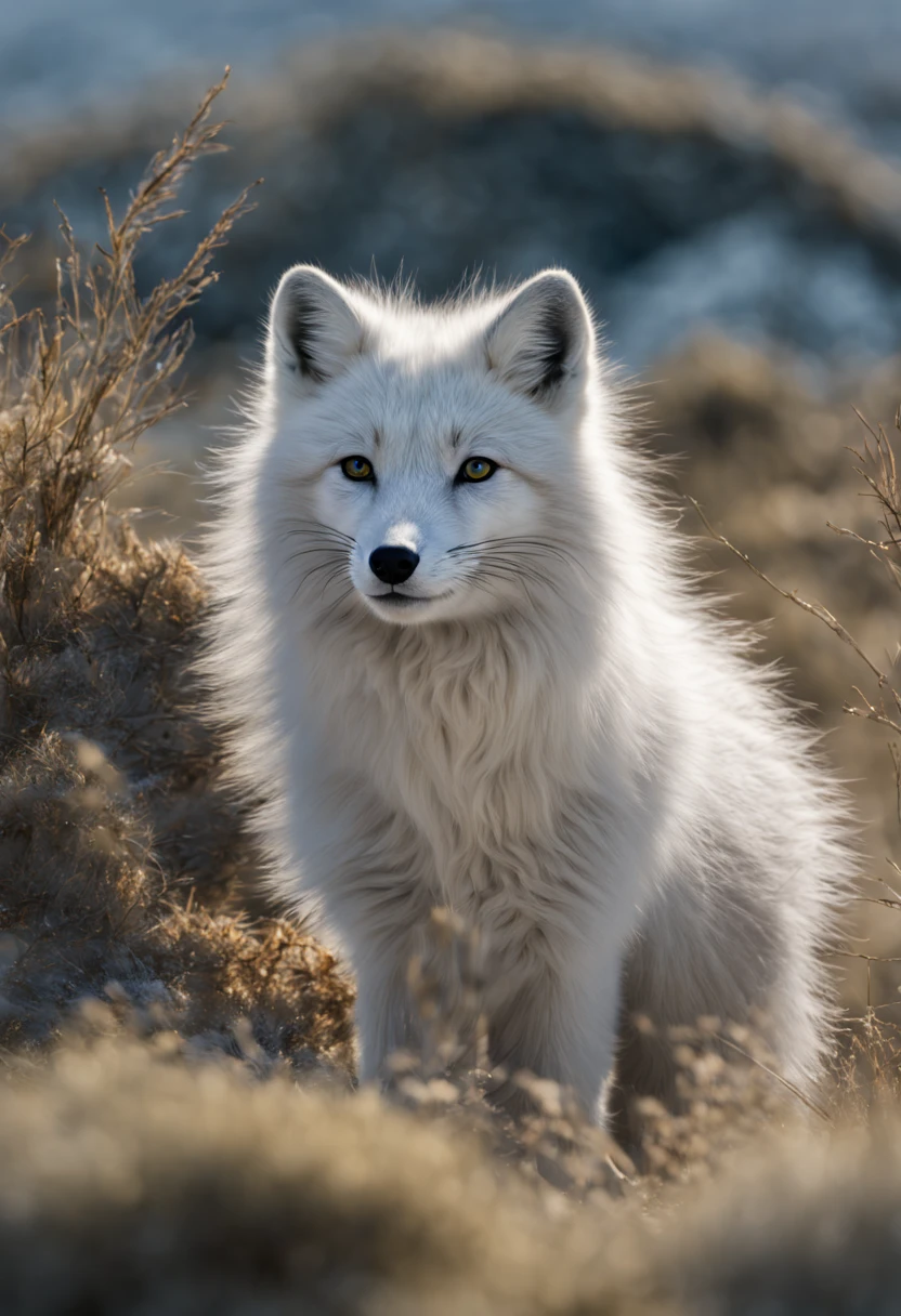 Arctic fox in a snowy tundra, pristine white fur blending with the environment, ice blue eyes, delicate paws leaving soft imprints on freshly fallen snow, Northern Lights (Aurora Borealis) gleaming in the background with hues of green and purple, isolated, serene, by Greg Rutkowski, ultra-realistic fur texture, 4k resolution, digital art, aesthetic