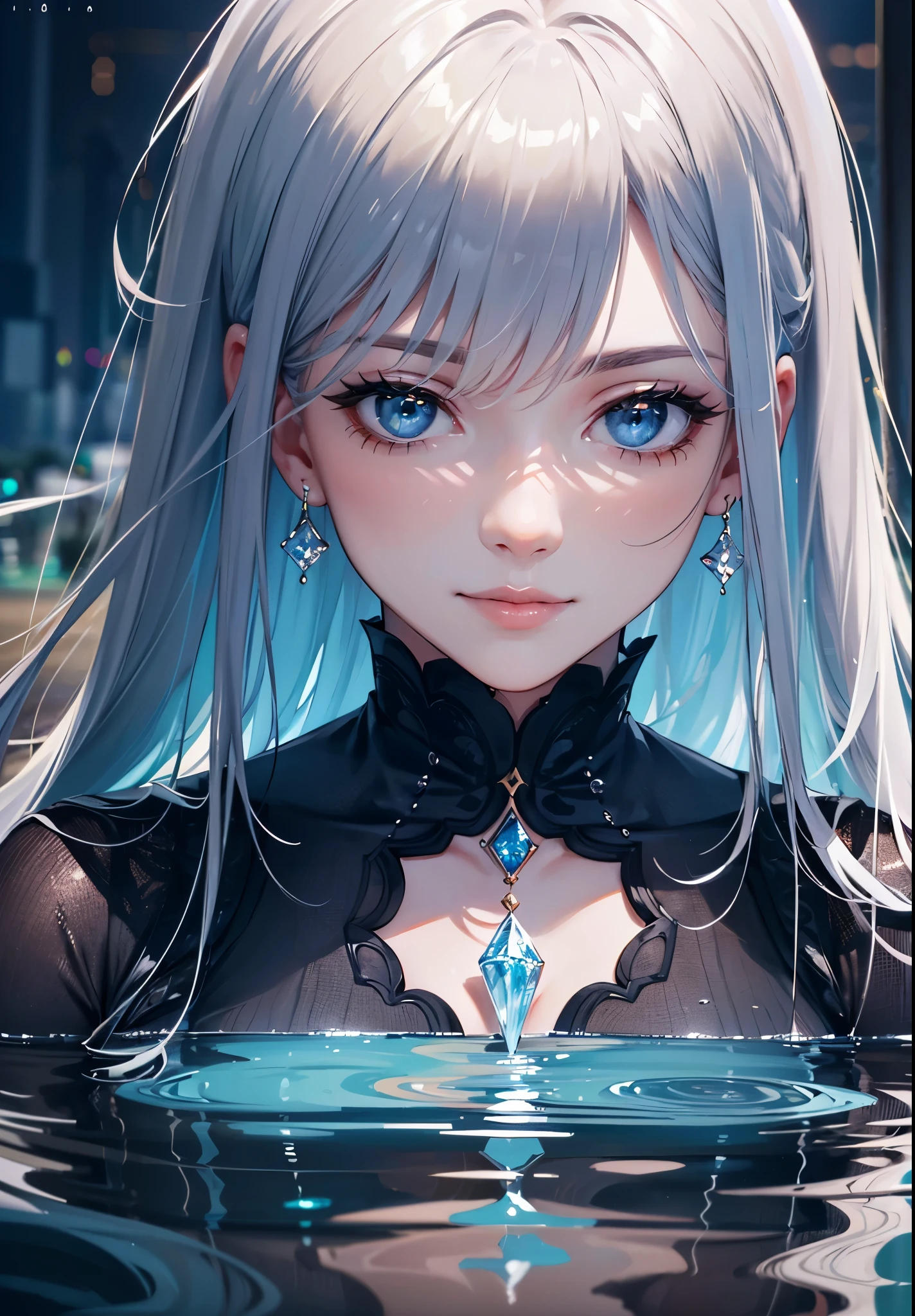 Intense sunlight, Shimmering ripples, Flowing dress, Graceful pose, Striking beauty, Exquisite facial features, Captivating eyes, Luscious lips, Radiant smile, Ethereal atmosphere. (best quality,4k,8k,highres,masterpiece:1.2), ultra-detailed, (realistic,photorealistic,photo-realistic:1.37), HDR, UHD, studio lighting, ultra-fine painting, sharp focus, physically-based rendering, extreme detail description, professional, vivid colors, bokeh, portraits, landscape, Woman gazing into crystal clear reflection pool, Tranquil surroundings, Serene ambiance, Mesmerizing scenery, Harmonious blend of colors, Soft natural lighting.