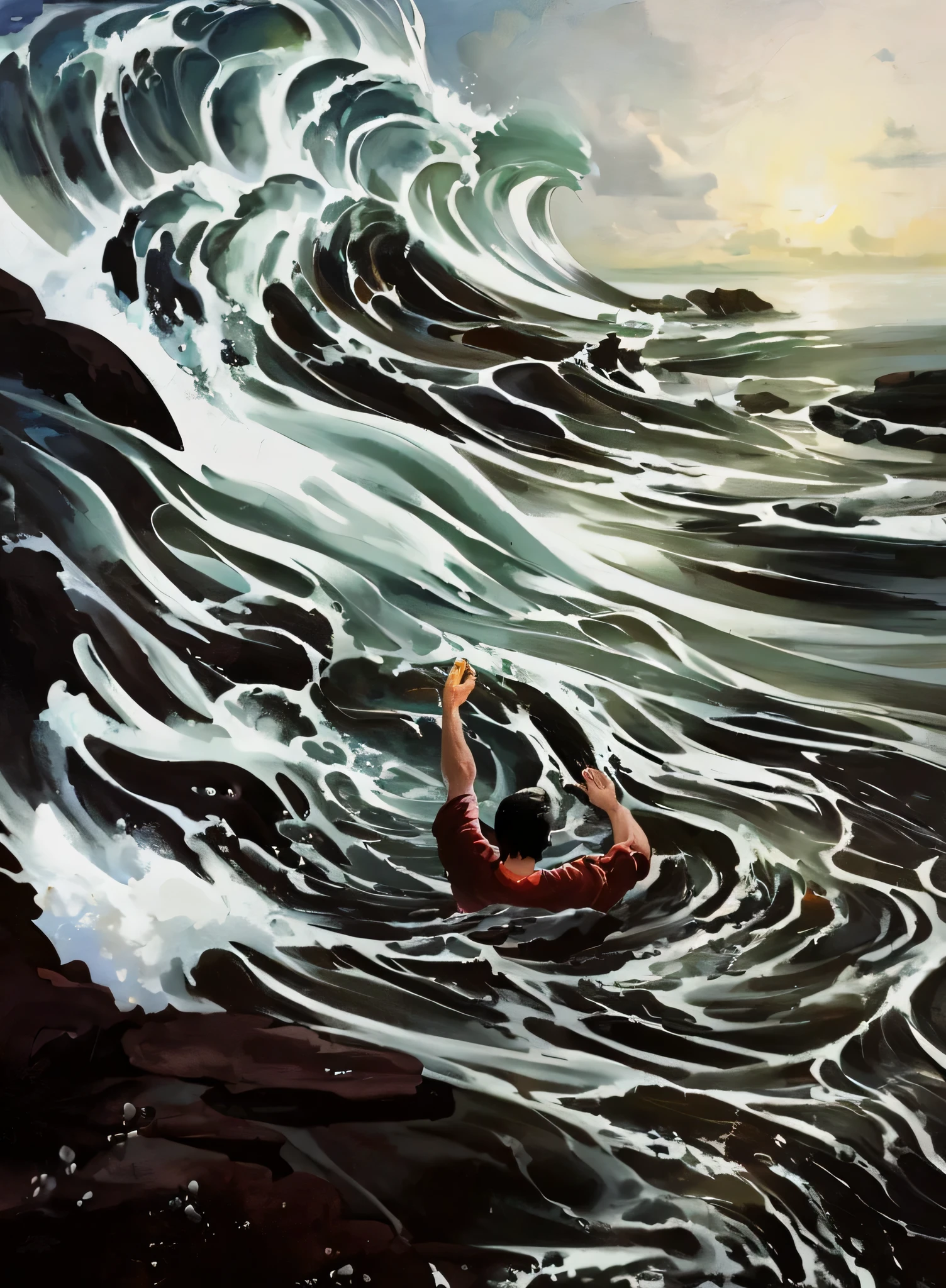 painting of a man in a red shirt in the ocean with a surfboard, oil painting a bigger splash, inspired by Stevan Dohanos, torment and waves, inspired by Winslow Homer, surreal gouache painting, rob rey, surreal gouache gesture painting, surreal oil painting, surreal oil on canvas, julie dillon, an oil painting. wave, surreal painting