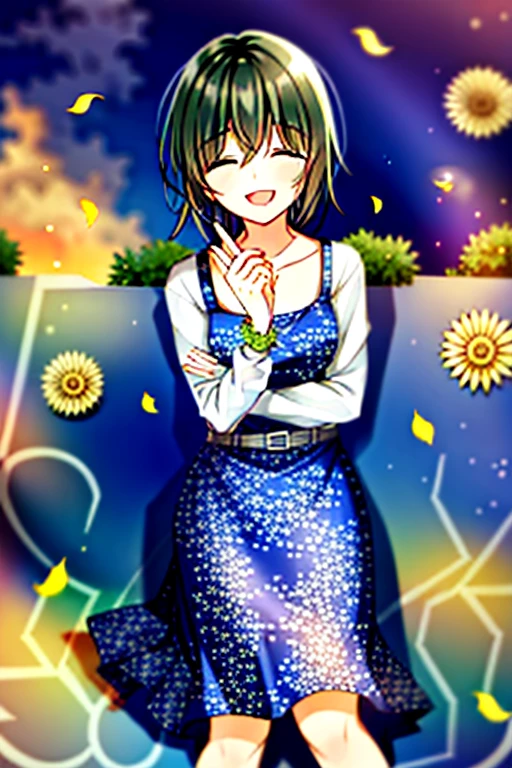 masterpiece, best quality, absurdres, perfect antomy, 1girl, solo, PascalTales, short hair, beautiful, cheerful, sunny day, botanical garden, summer breeze, sundress, floral pattern, wavy hair, smiling